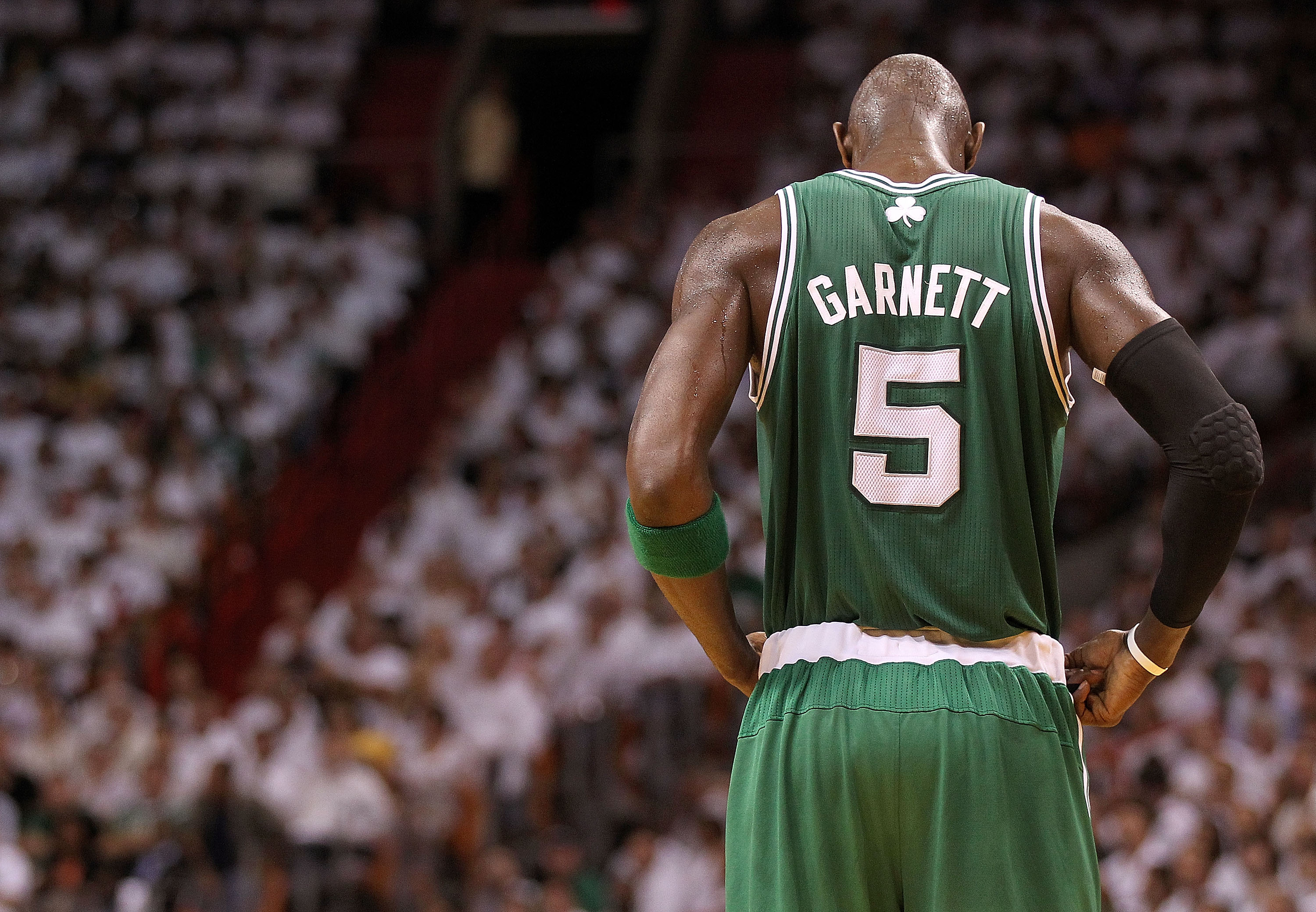 MIAMI, FL - MAY 03:  Kevin Garnett #5 of the Boston Celtics looks on during Game Two of the Eastern Conference Semifinals of the 2011 NBA Playoffs against the Miami Heat at American Airlines Arena on May 3, 2011 in Miami, Florida. NOTE TO USER: User expre