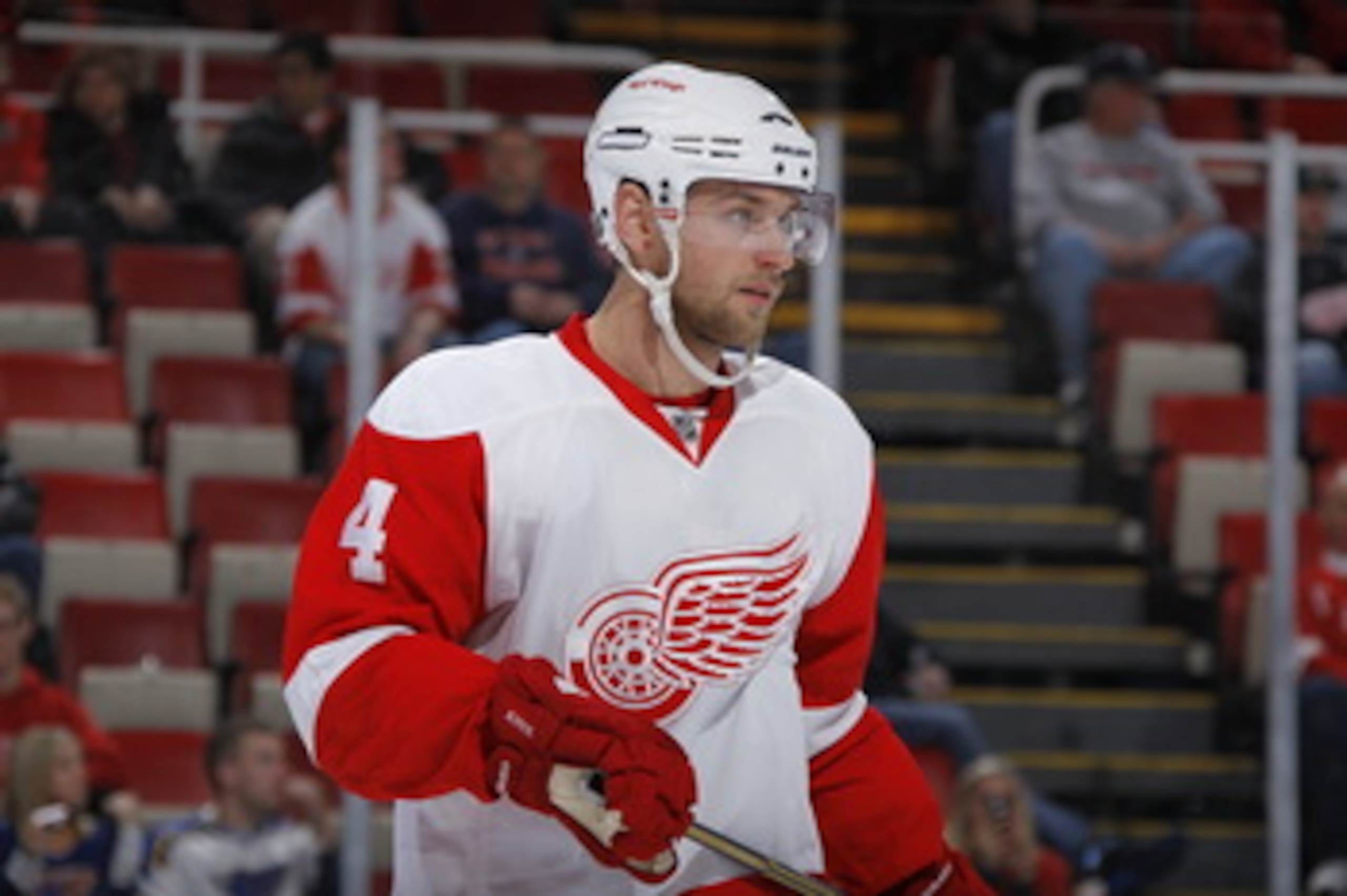 DETROIT, MI - MARCH 30:  Jakub Kindl #4 of the Detroit Red Wings looks on the St. Louis Blues at Joe Louis Arena on March 30, 2011 in Detroit, Michigan.  (Photo by Gregory Shamus/Getty Images)