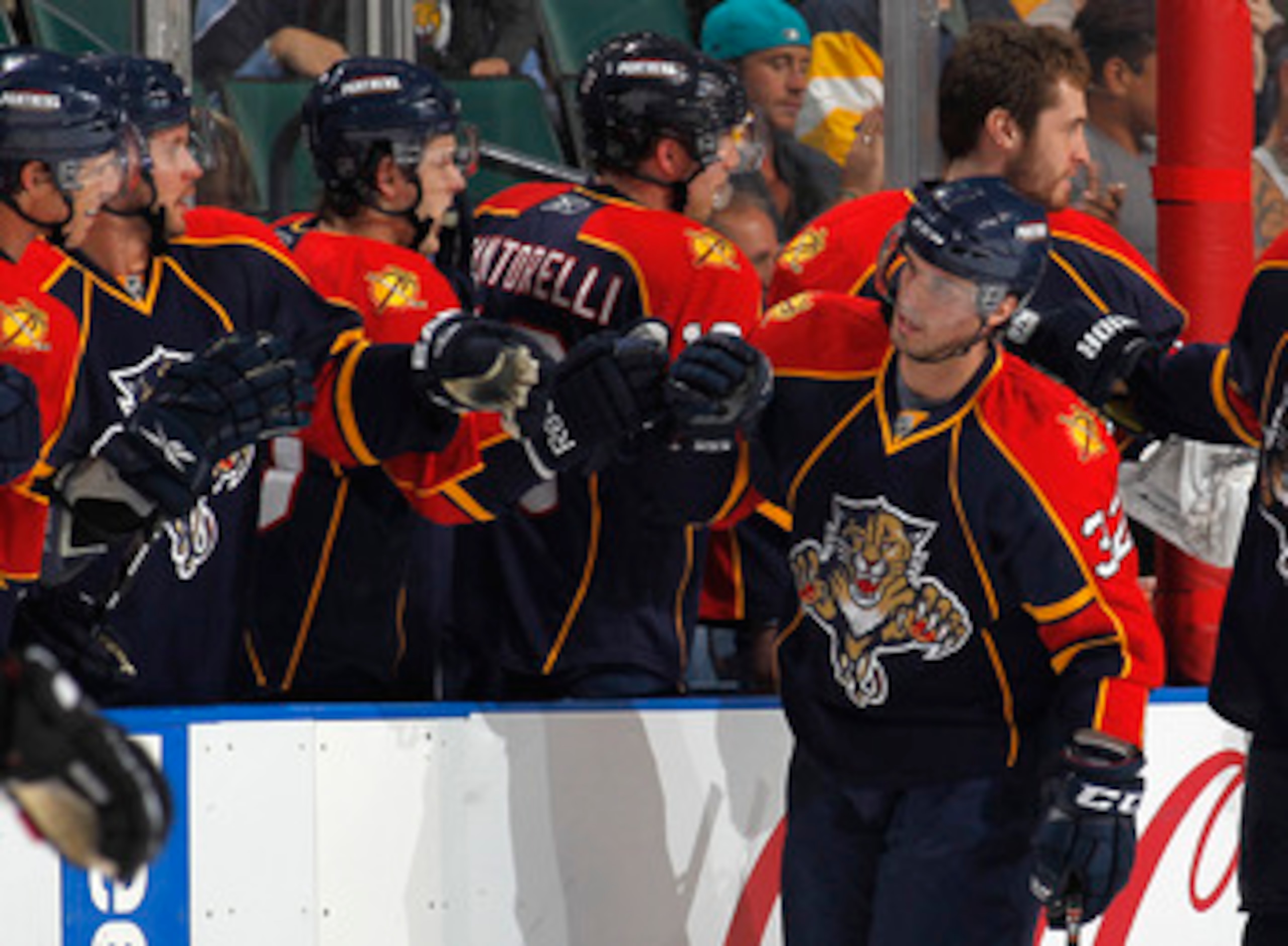 SUNRISE, FL - MARCH 31: Michal Repik #32 of the Florida Panthers is congratulated after scoring a goal against the Ottawa Senators on March 31, 2011 at the BankAtlantic Center in Sunrise, Florida. (Photo by Joel Auerbach/Getty Images)