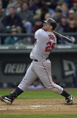9 OCT 2001: Jim Thome #25 of the Cleveland Indians swings at a pitch during game one of the American League Division Series against the Seattle Mariners at Safeco Field in Seattle, Washington. The Indians defeated the Mariners 5-0 to take a one game to no