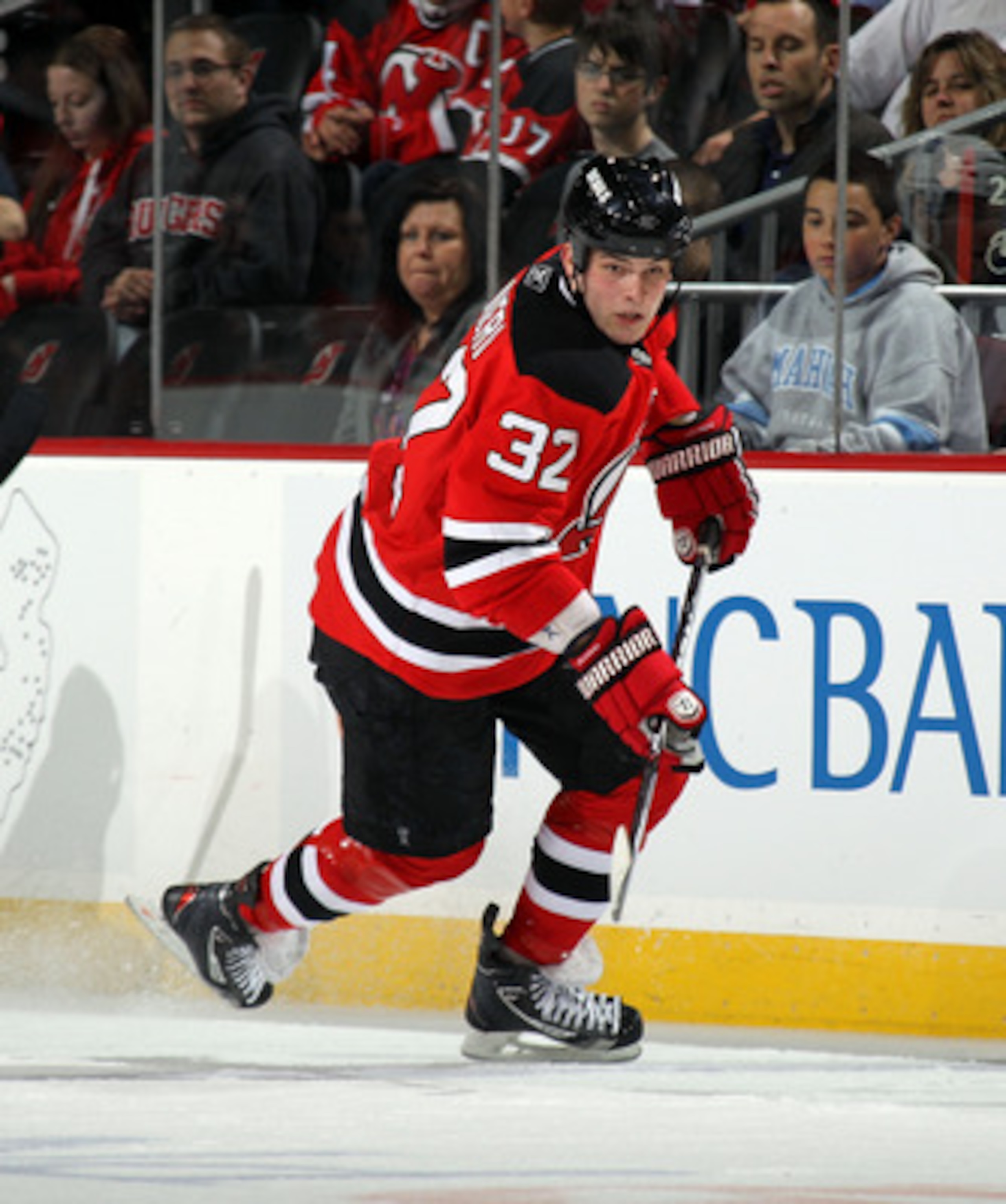 NEWARK, NJ - APRIL 06:  Nick Palmieri #32 of the New Jersey Devils skates against the Toronto Maple Leafs at the Prudential Center on April 6, 2011 in Newark, New Jersey.  (Photo by Bruce Bennett/Getty Images)