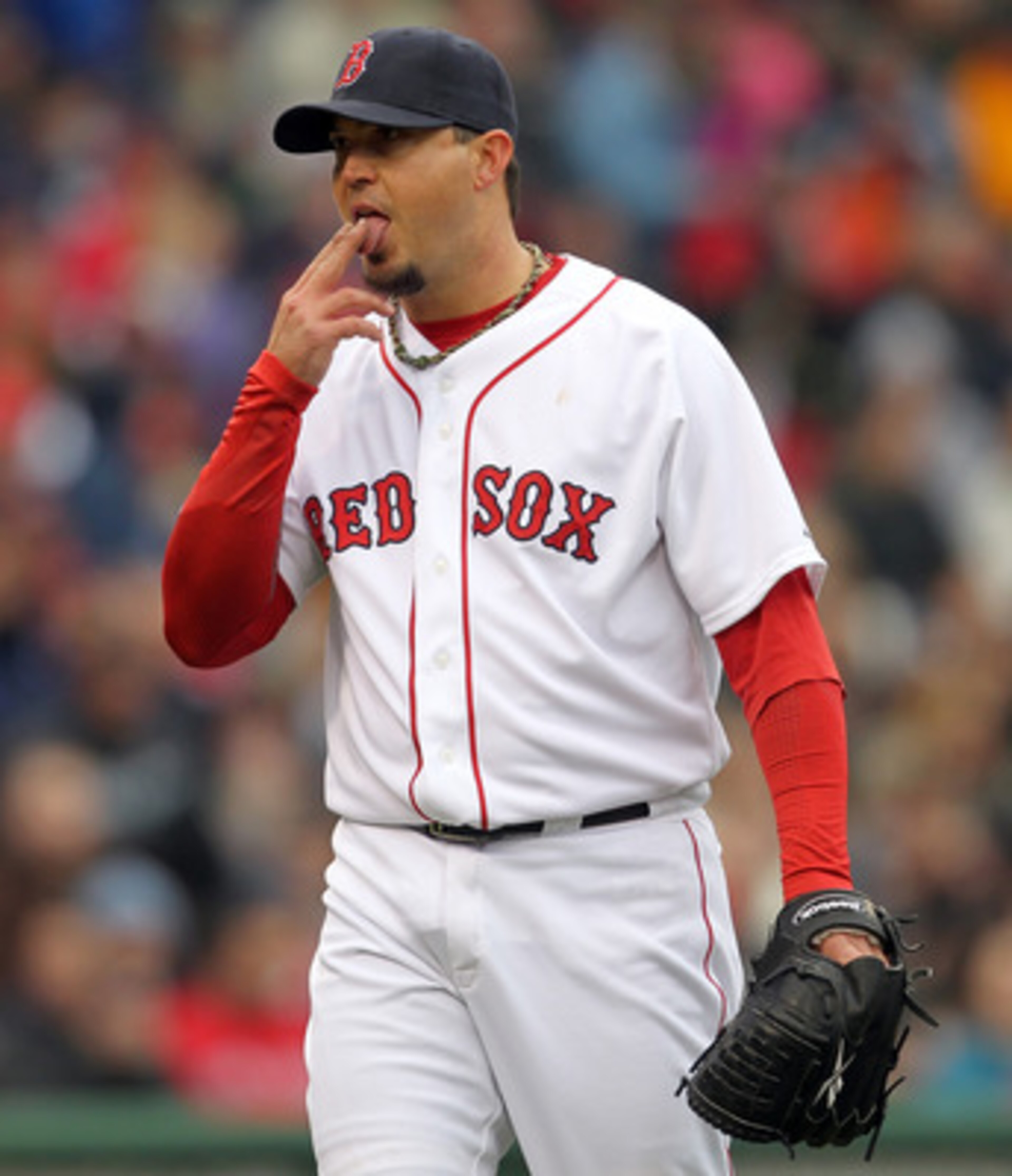 BOSTON, MA - APRIL 16, 2011:  Josh Beckett #19 of the Boston Red Sox reacts against the Toronto Blue Jays at Fenway Park April 16, 2011 in Boston, Massachusetts. (Photo by Jim Rogash/Getty Images)