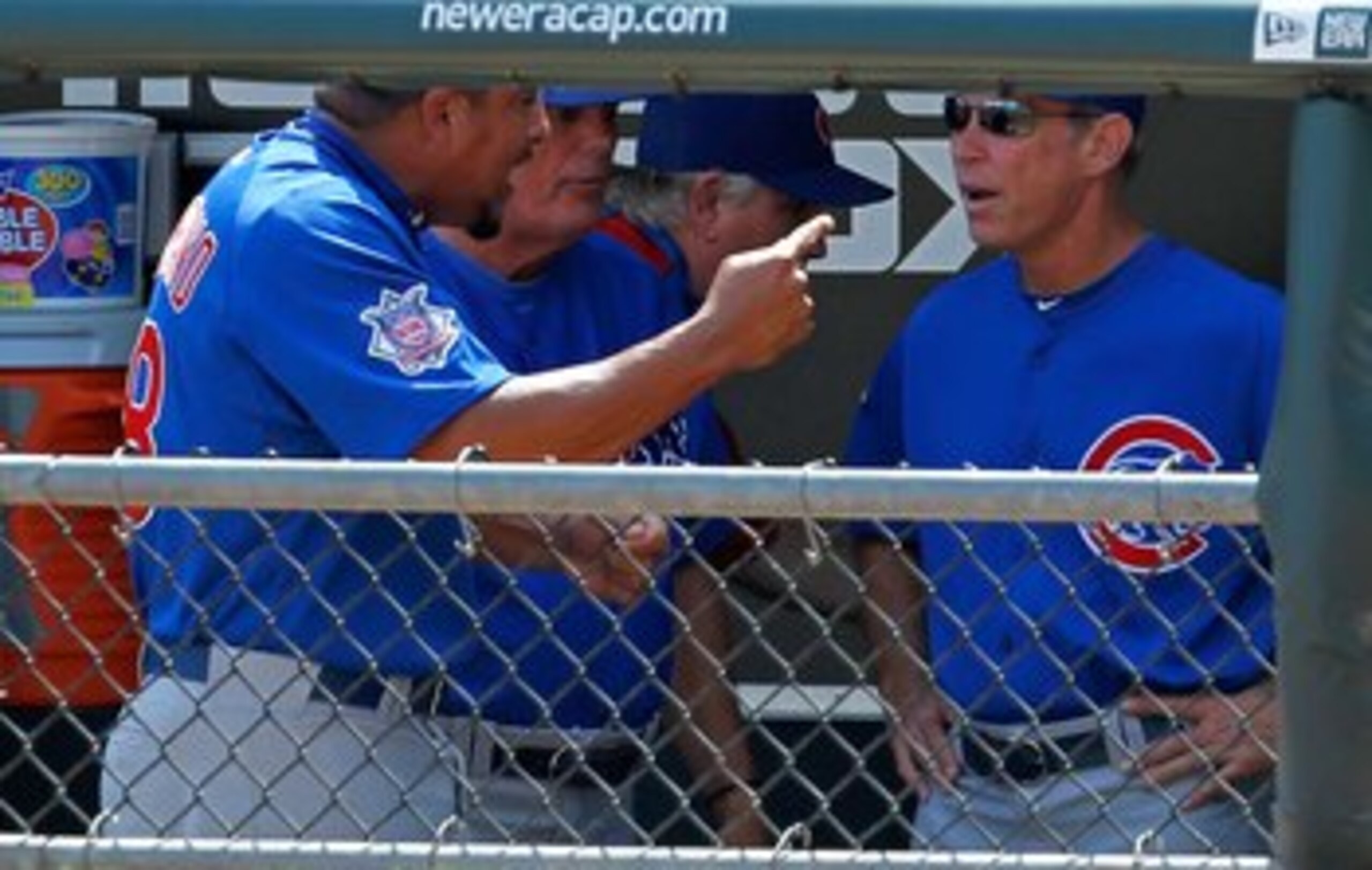 CHICAGO - JUNE 25: Starting pitcher Carlos Zambrano #38 of the Chicago Cubs (L) yells at manager Lou Pinella #41 (center) and bench coach Alan Trammell #3 after giving up four runs in the 1st inning to the Chicago White Sox at U.S. Cellular Field on June 