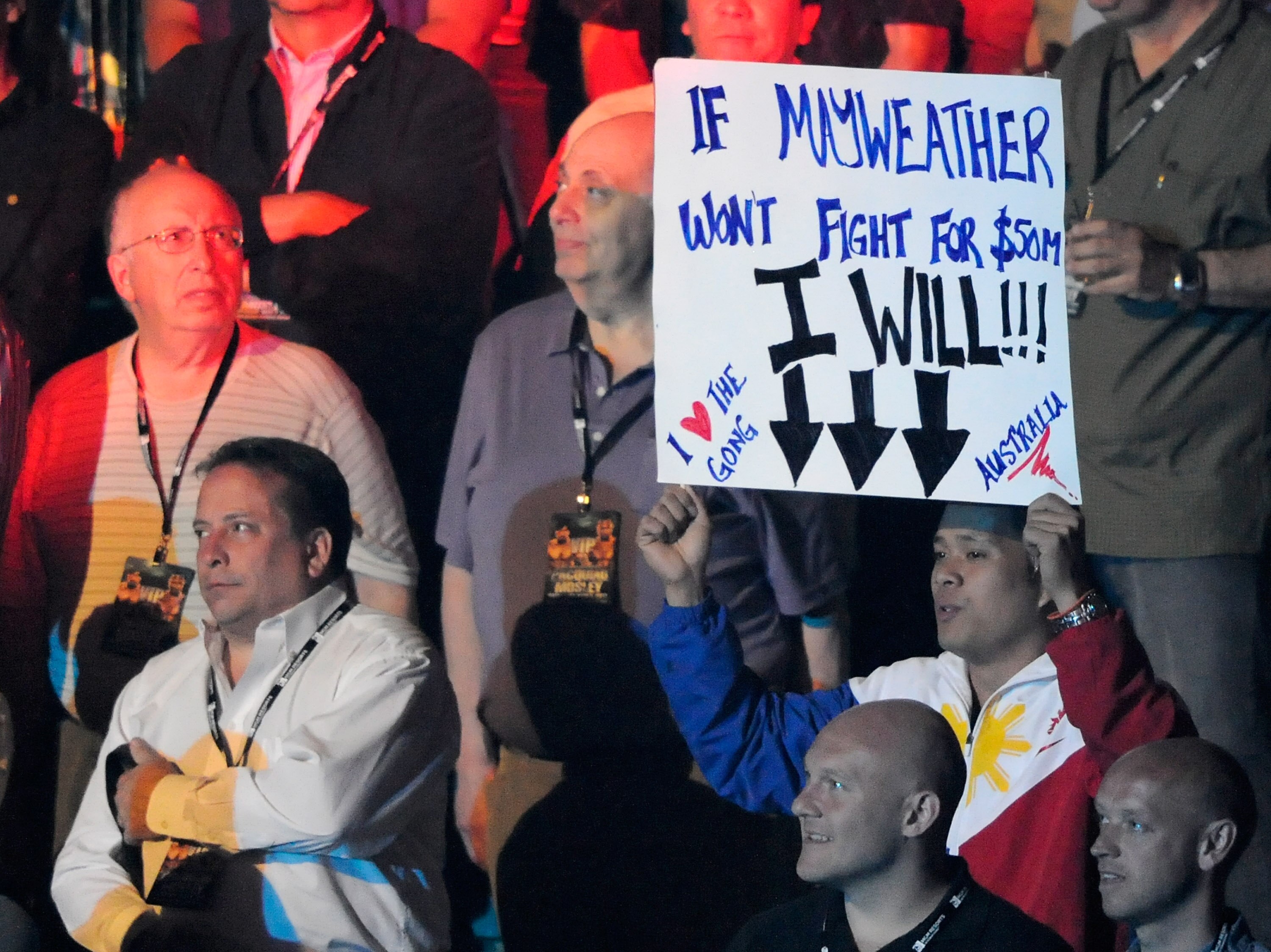 LAS VEGAS, NV - MAY 07:  A fan holds up a sign referring to boxer Floyd Mayweather Jr. before the WBO welterweight title fight between Manny Pacquiao and Shane Mosley at the MGM Grand Garden Arena May 7, 2011 in Las Vegas, Nevada.  (Photo by Ethan Miller/