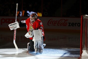 OTTAWA, ON - FEBRUARY 18:  Robin Lehner #40 of the Ottawa Senators stretches before a game against the Boston Bruins at Scotiabank Place on February 18, 2011 in Ottawa, Canada.  (Photo by Phillip MacCallum/Getty Images)