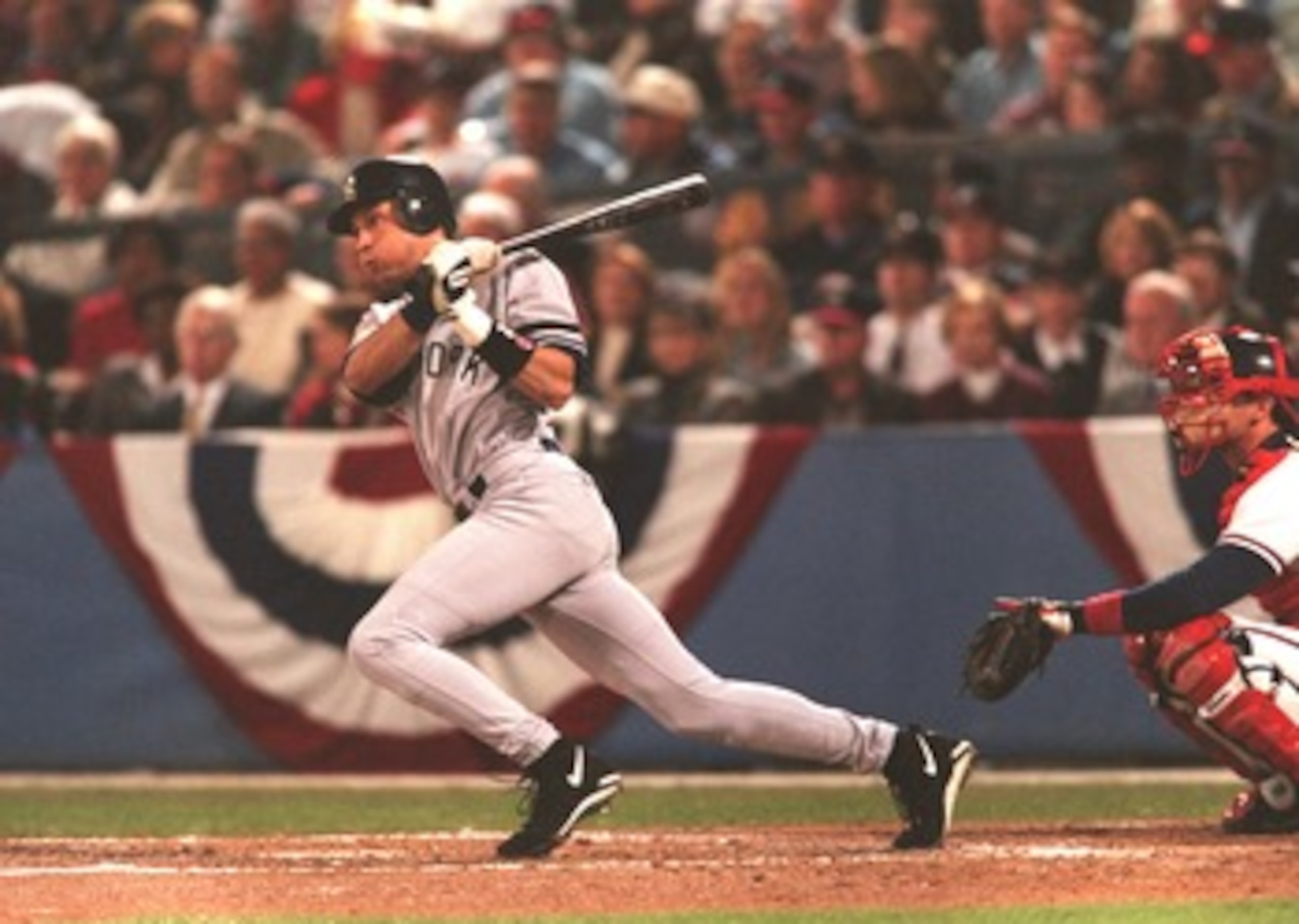 24 Oct 1996: Batter Derek Jeter of New York Yankees makes contact with a pitch during the Yankees 1-0 win over the Atlanta Braves in Game 5 of the World Series at Fulton County Stadium in Atlanta, Georgia. 24 Oct 1996: Batter Derek Jeter of New York Yankees makes contact with a pitch during the Yankees 1-0 win over the Atlanta Braves in Game 5 of the World Series at Fulton County Stadium in Atlanta, Georgia.