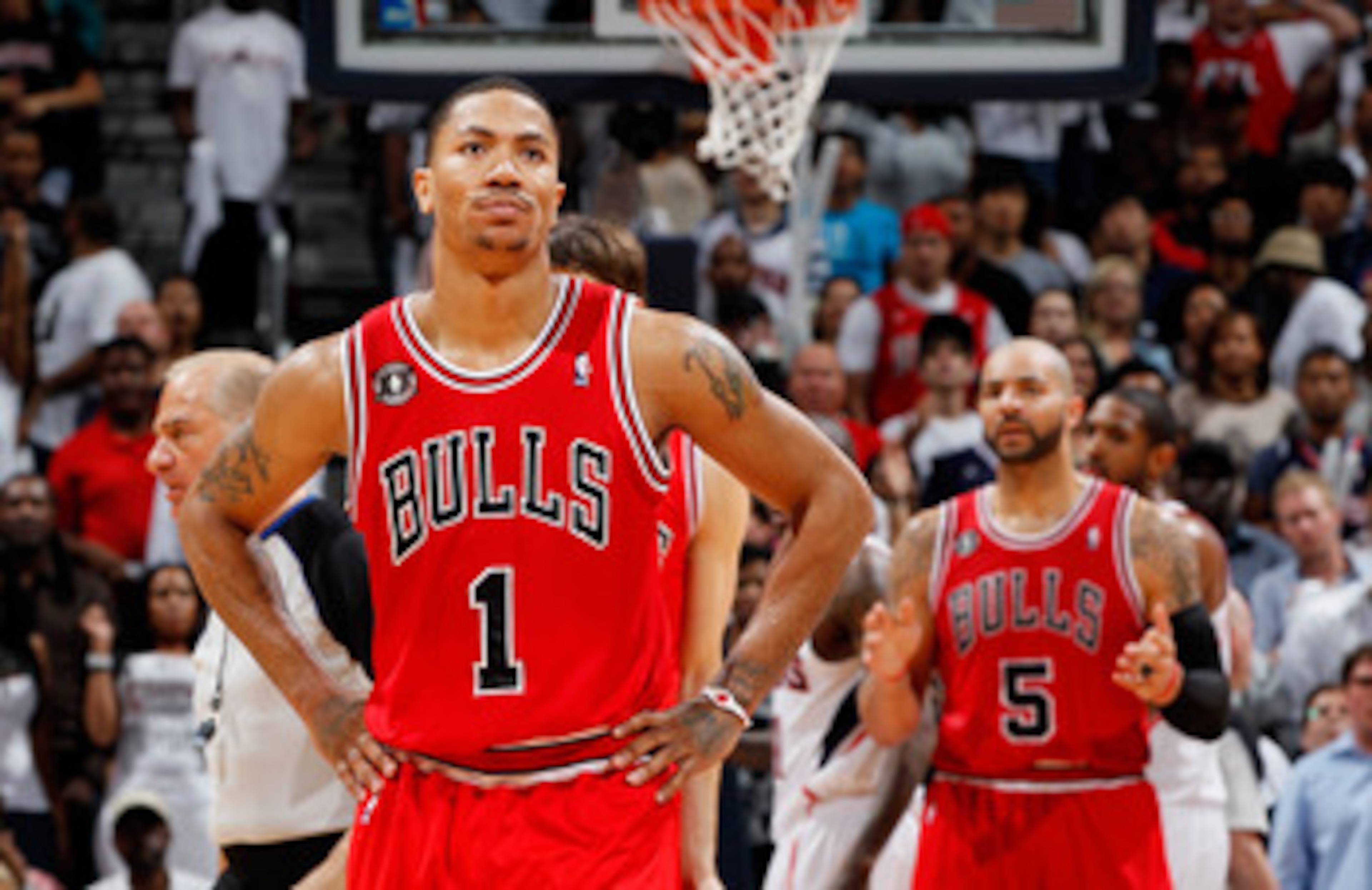 ATLANTA, GA - MAY 08:  Derrick Rose #1 of the Chicago Bulls reacts after a turnover against the Atlanta Hawks in Game Four of the Eastern Conference Semifinals in the 2011 NBA Playoffs at Phillips Arena on May 8, 2011 in Atlanta, Georgia.  NOTE TO USER: U