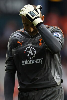 LONDON, UNITED KINGDOM - MAY 07:  Heurelho Gomes of Spurs reacts during the Barclays Premier League match between Tottenham Hotspur and Blackpool at White Hart Lane on May 7, 2011 in London, England.  (Photo by Scott Heavey/Getty Images)