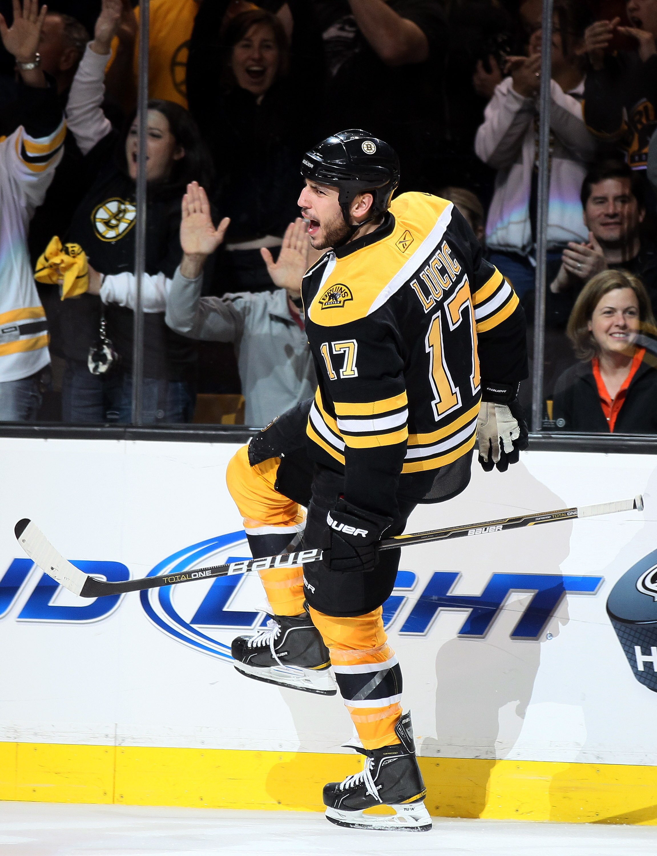 BOSTON, MA - MAY 06: Milan Lucic #17 of the Boston Bruins celebrates his gaol in the third period against the Philadelphia Flyers in Game Four of the Eastern Conference Semifinals during the 2011 NHL Stanley Cup Playoffs at TD Garden on May 6, 2011 in Bos