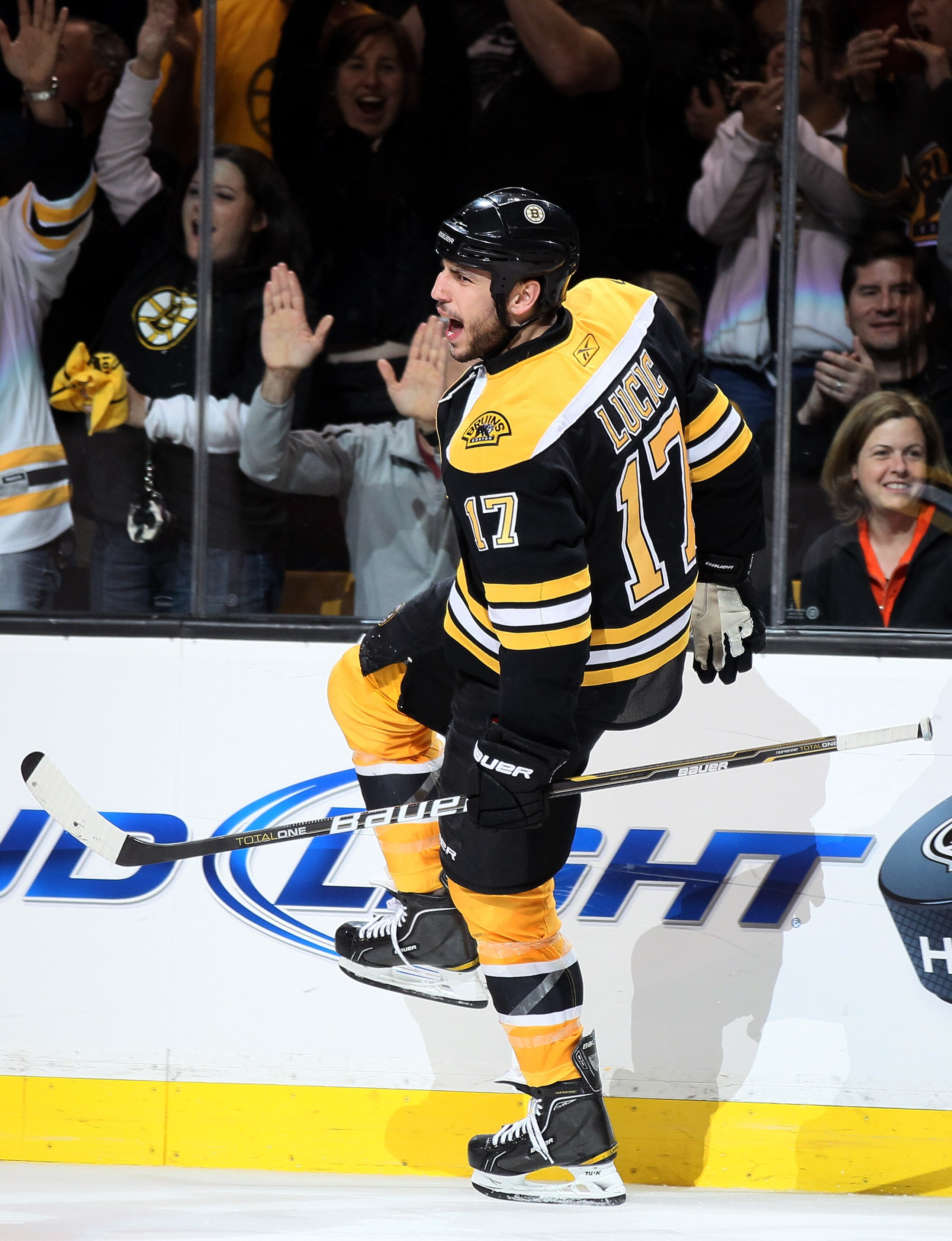 BOSTON, MA - MAY 06: Milan Lucic #17 of the Boston Bruins celebrates his gaol in the third period against the Philadelphia Flyers in Game Four of the Eastern Conference Semifinals during the 2011 NHL Stanley Cup Playoffs at TD Garden on May 6, 2011 in Bos