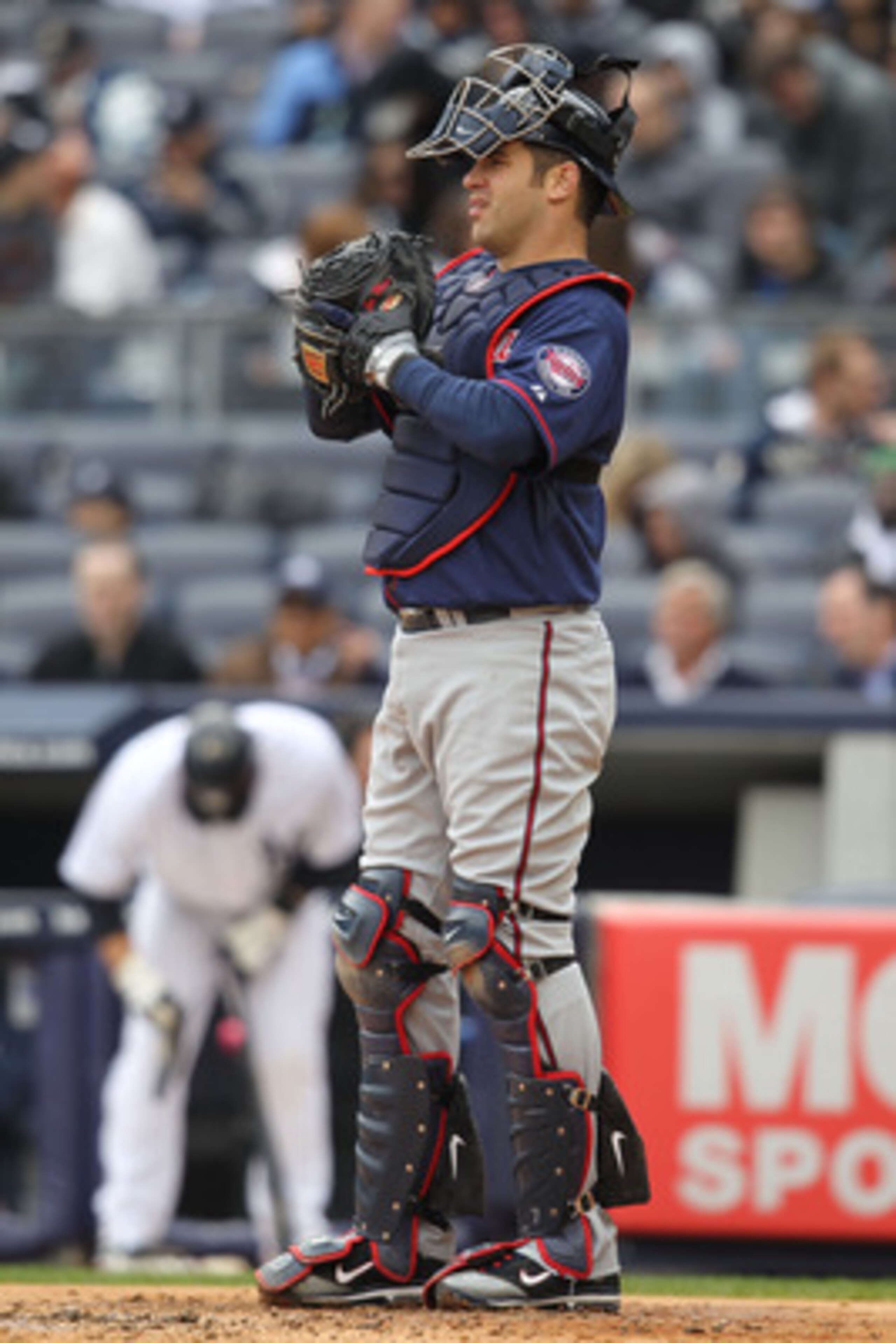 NEW YORK, NY - APRIL 07:  Joe Mauer #7 of the Minnesota Twins against New York Yankees at Yankee Stadium on April 7, 2011 in the Bronx borough of New York City.  (Photo by Nick Laham/Getty Images)