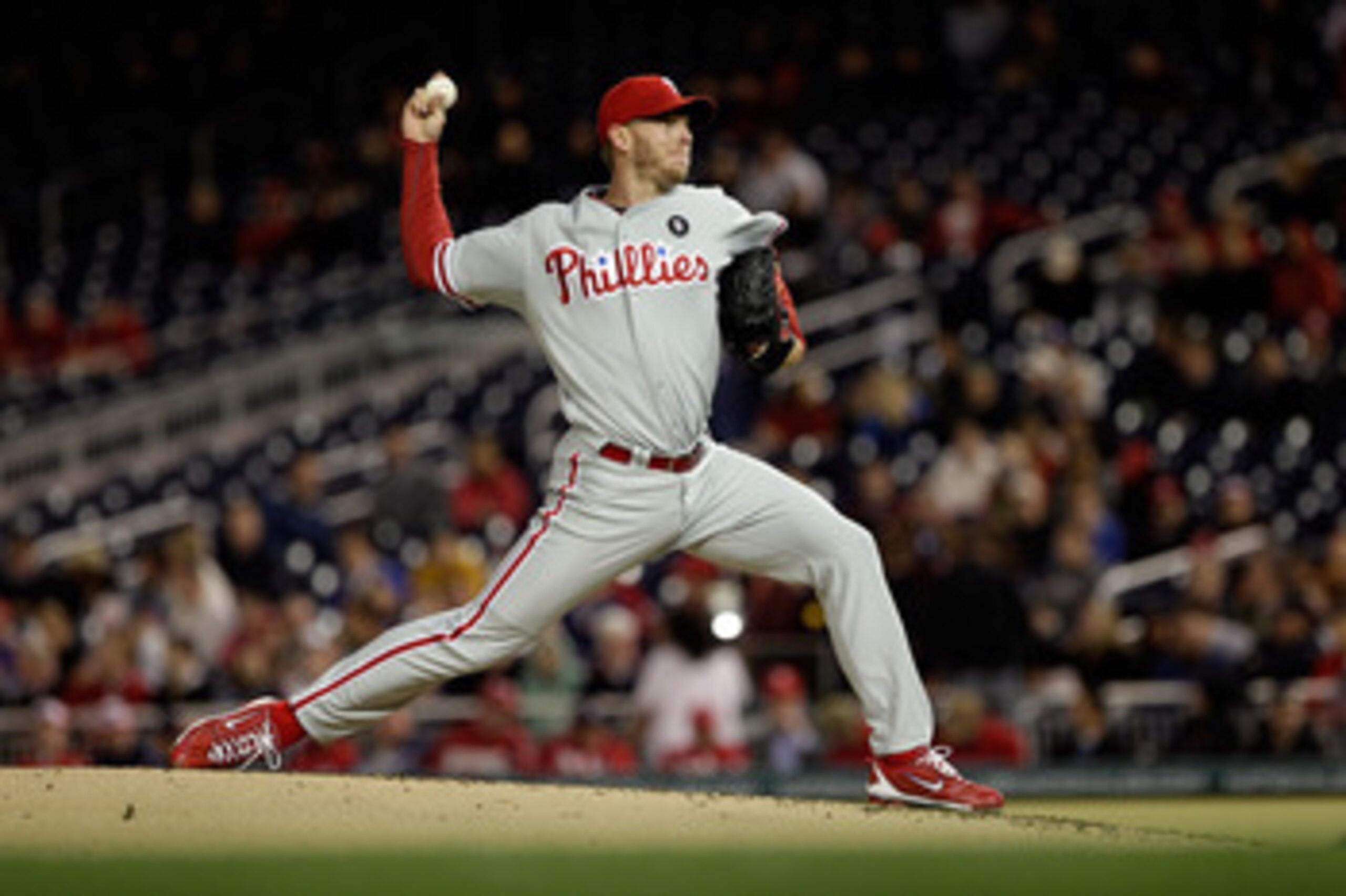 WASHINGTON, DC - APRIL 13:  Roy Halladay #34 of the Philadelphia Phillies delivers to a Washington Nationals batter at Nationals Park on April 13, 2011 in Washington, DC.  (Photo by Rob Carr/Getty Images)
