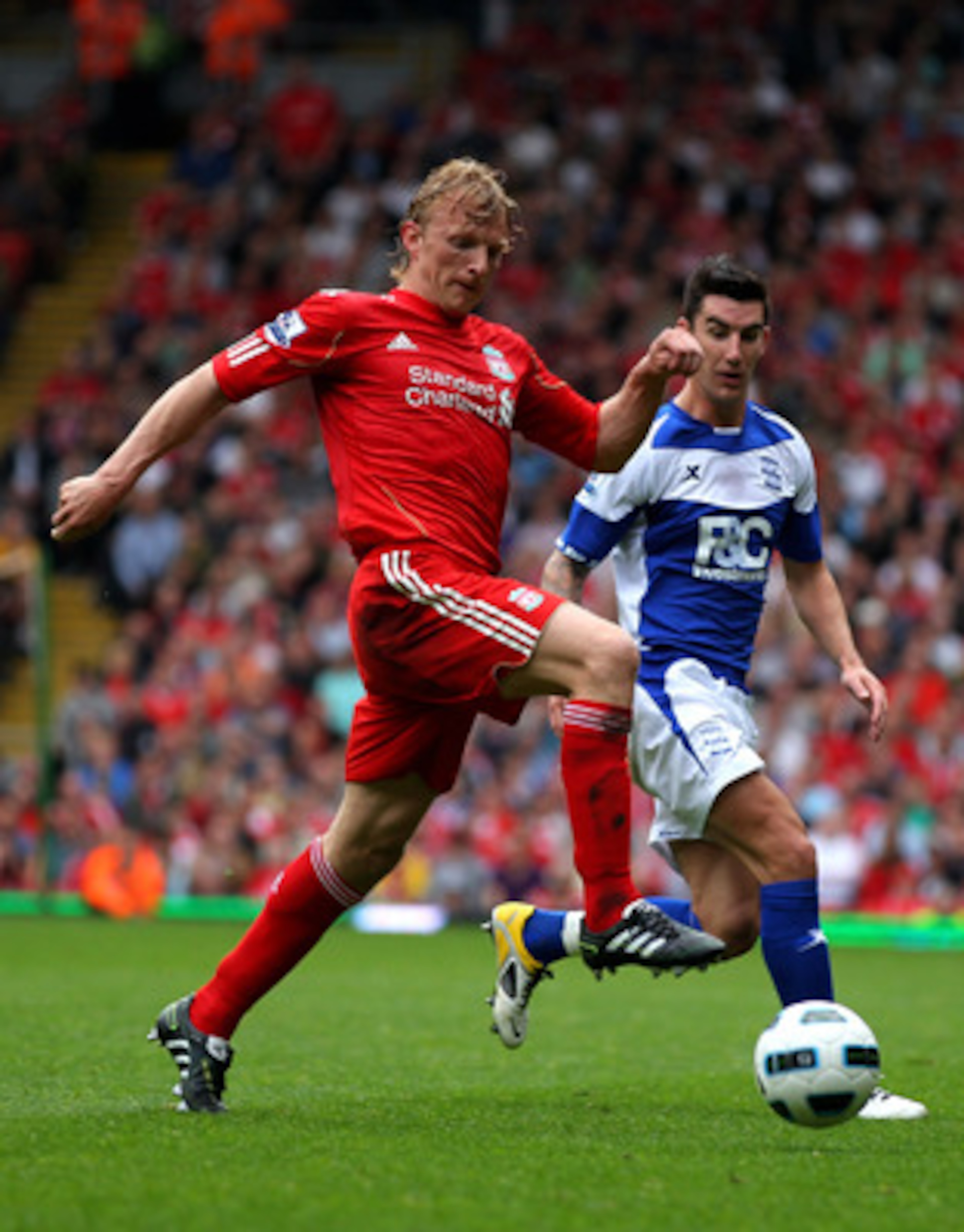 LIVERPOOL, ENGLAND - APRIL 23:  Dirk Kuyt of Liverpool wins the ball during the Barclays Premier League match between Liverpool and Birmingham City at Anfield on April 23, 2011 in Liverpool, England.  (Photo by Clive Brunskill/Getty Images)