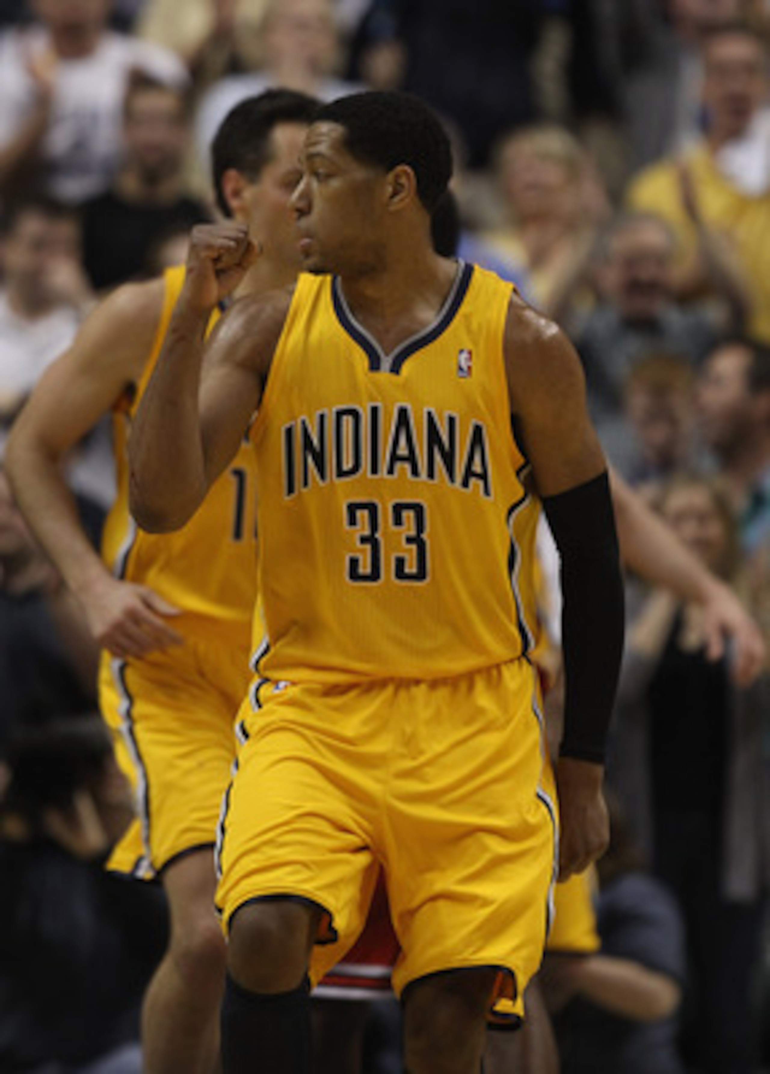INDIANAPOLIS, IN - APRIL 23: Danny Granger #33 of the Indiana Pacers celebrates hitting a shot against the Chicago Bulls in Game Four of the Eastern Conference Quarterfinals in the 2011 NBA Playoffs at Conseco Fieldhouse on April 23, 2011 in Indianapolis,