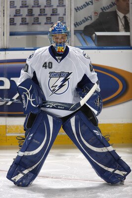 EDMONTON, CANADA - SEPTEMBER 23: Dustin Tokarski #40 of the Tampa Bay Lightning skates against the Edmonton Oilers  on September 23, 2010 at Rexall Place in Edmonton, Alberta, Canada. (Photo by Dale MacMillan/Getty Images)