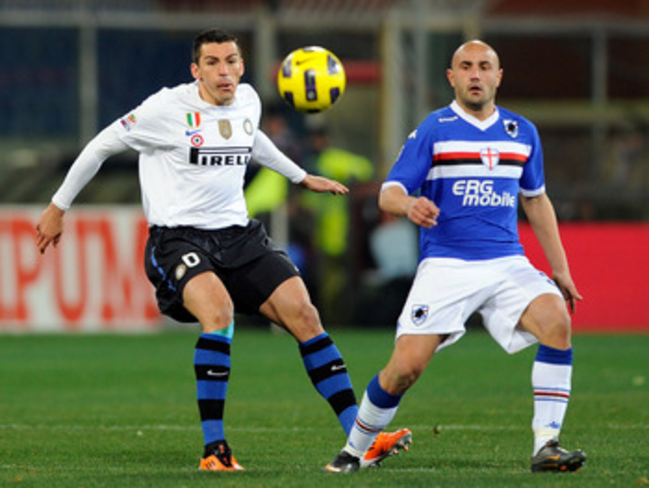 GENOA, ITALY - FEBRUARY 27:  Lucio of FC Inter Milan and Massimo Maccarone of UC Sampdoria compete for the ball during the Serie A match between UC Sampdoria and FC Internazionale Milano at Stadio Luigi Ferraris on February 27, 2011 in Genoa, Italy.  (Pho