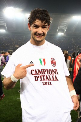 ROME, ITALY - MAY 07:  Pato of AC Milan celebrates after claiming the Serie A title following victory in the Serie A match between AS Roma and AC Milan at Stadio Olimpico on May 7, 2011 in Rome, Italy.  (Photo by Paolo Bruno/Getty Images)