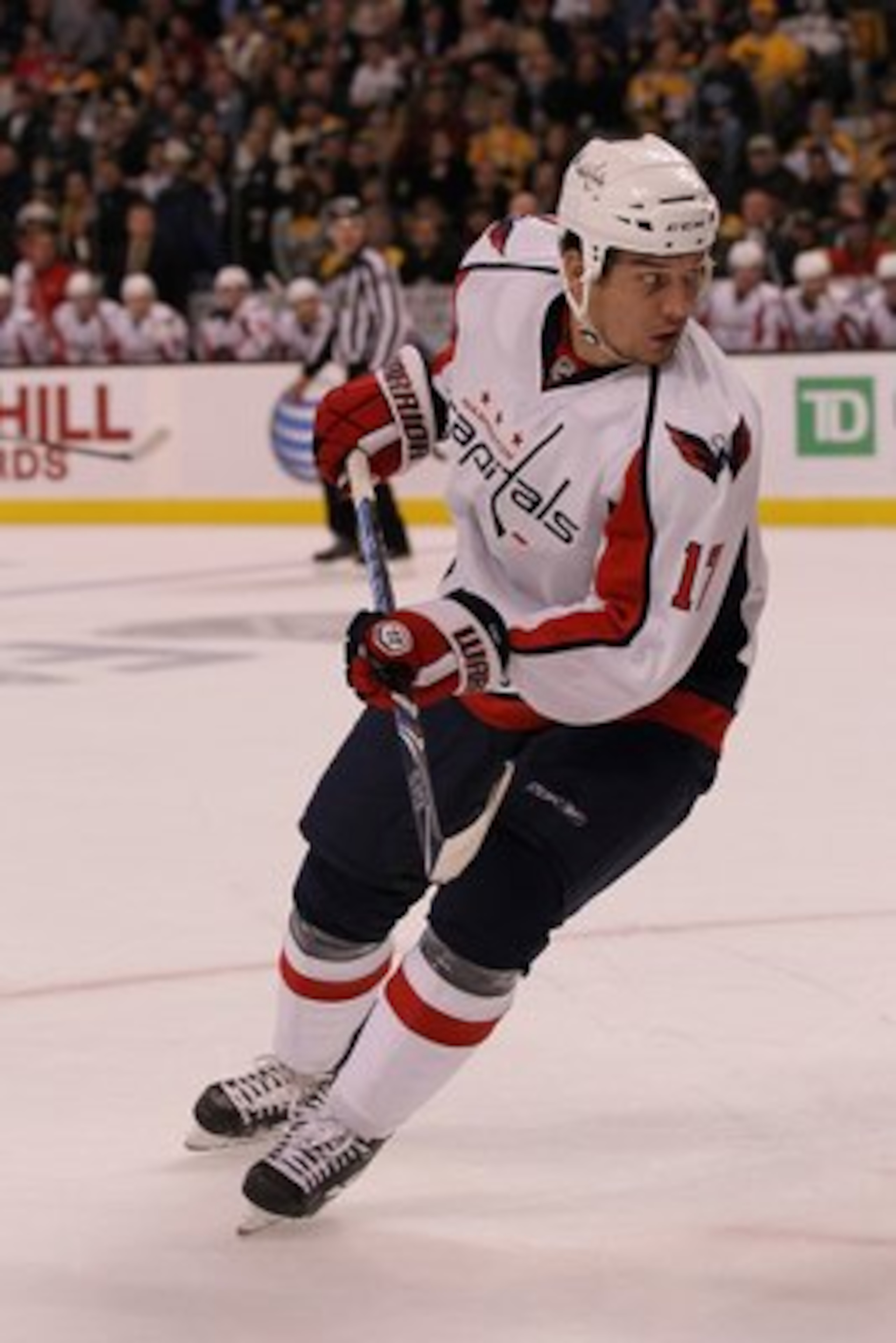BOSTON - OCTOBER 21:  DJ King #17 of the Washington Capitals skates against the Boston Bruins at the TD Garden on October 21, 2010 in Boston, Massachusetts.  The Bruins won 4-1.  (Photo by Bruce Bennett/Getty Images)