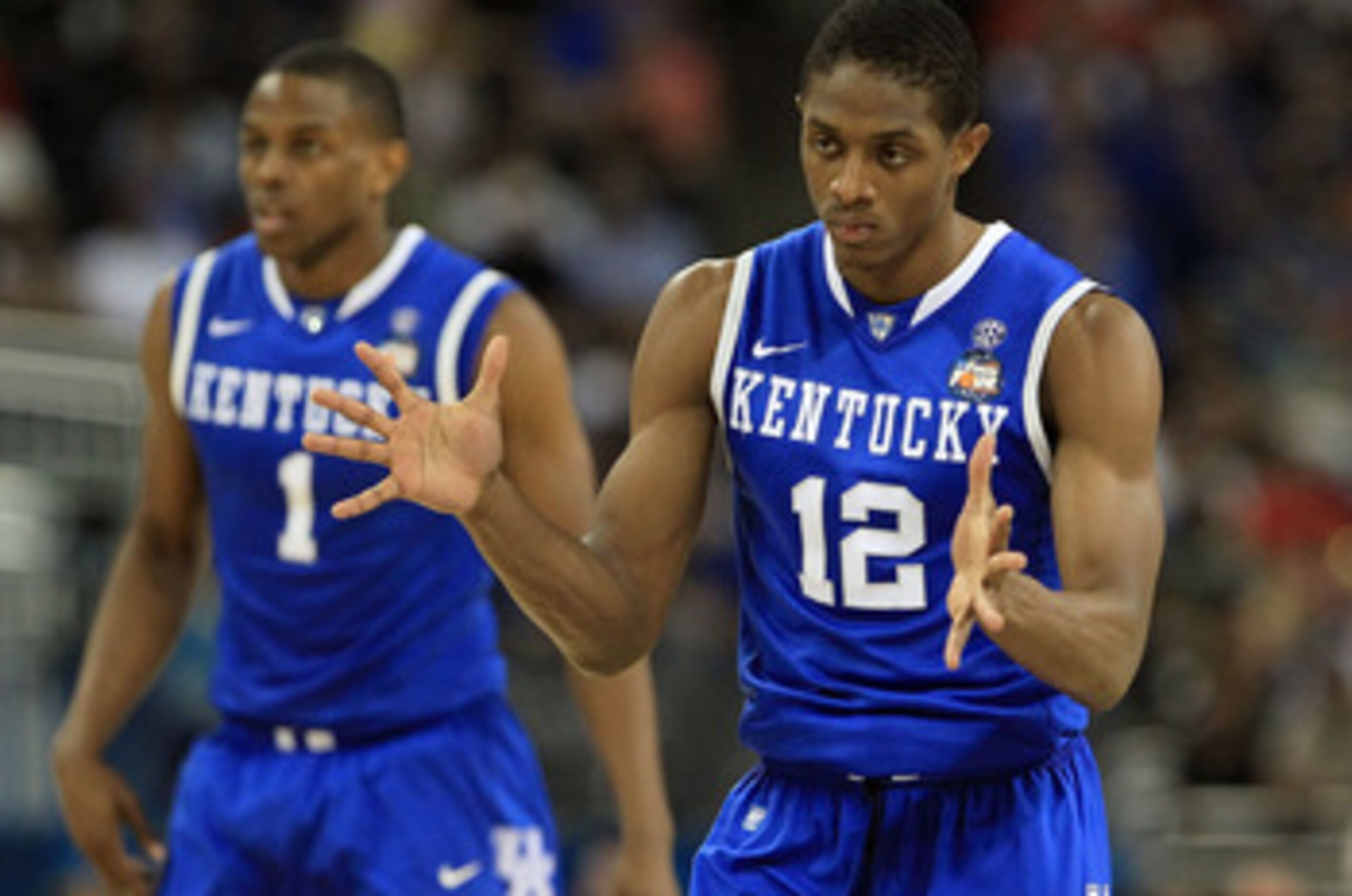 HOUSTON, TX - APRIL 02:  Brandon Knight #12 of the Kentucky Wildcats reacts against the Connecticut Huskies during the National Semifinal game of the 2011 NCAA Division I Men's Basketball Championship at Reliant Stadium on April 2, 2011 in Houston, Texas.
