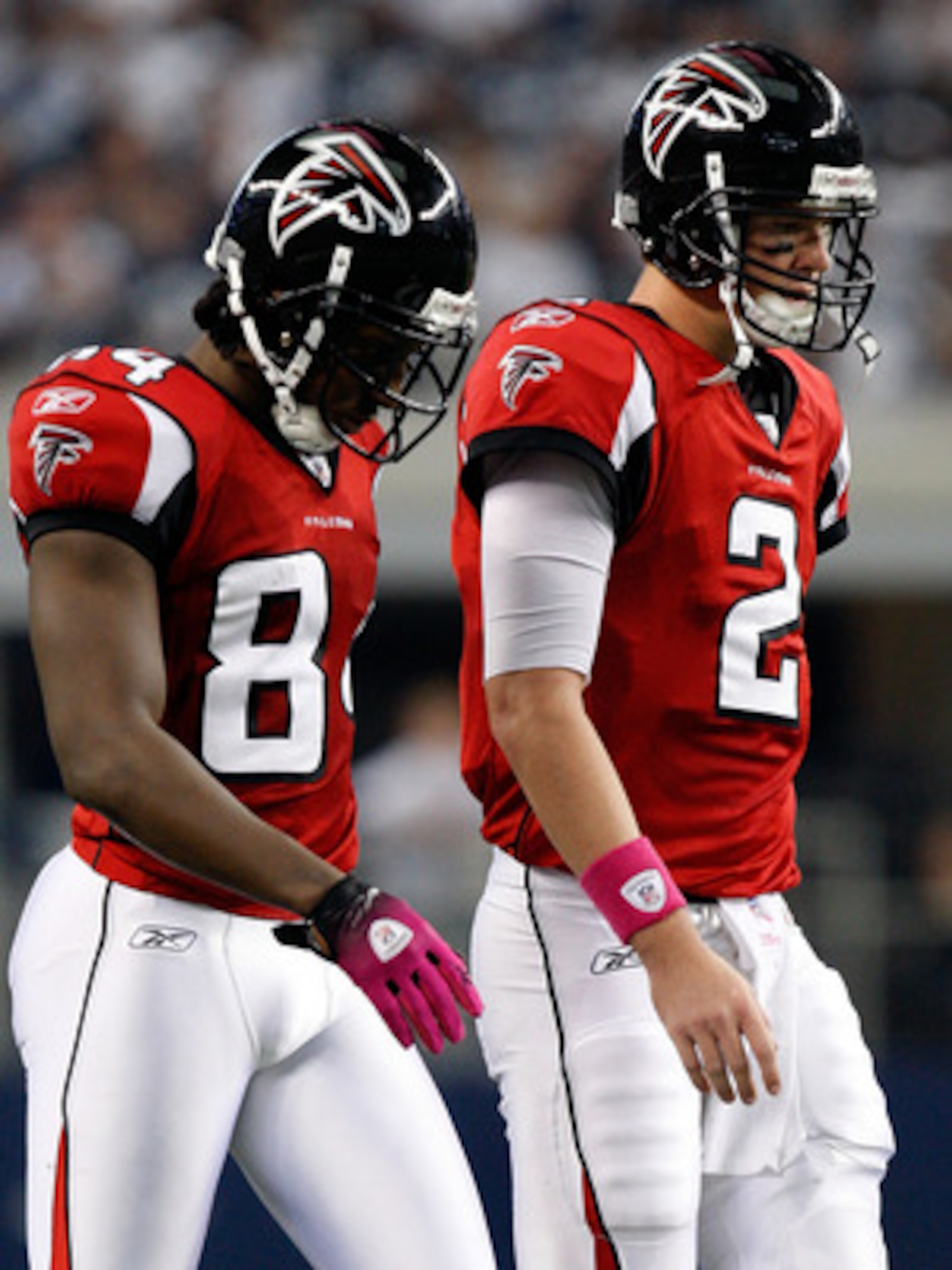 ARLINGTON, TX - OCTOBER 25:  Quarterback Matt Ryan #2 and Roddy White #84 of the Atlanta Falcons walk off the field during a game with the Dallas Cowboys at Cowboys Stadium on October 25, 2009 in Arlington, Texas.  (Photo by Ronald Martinez/Getty Images)