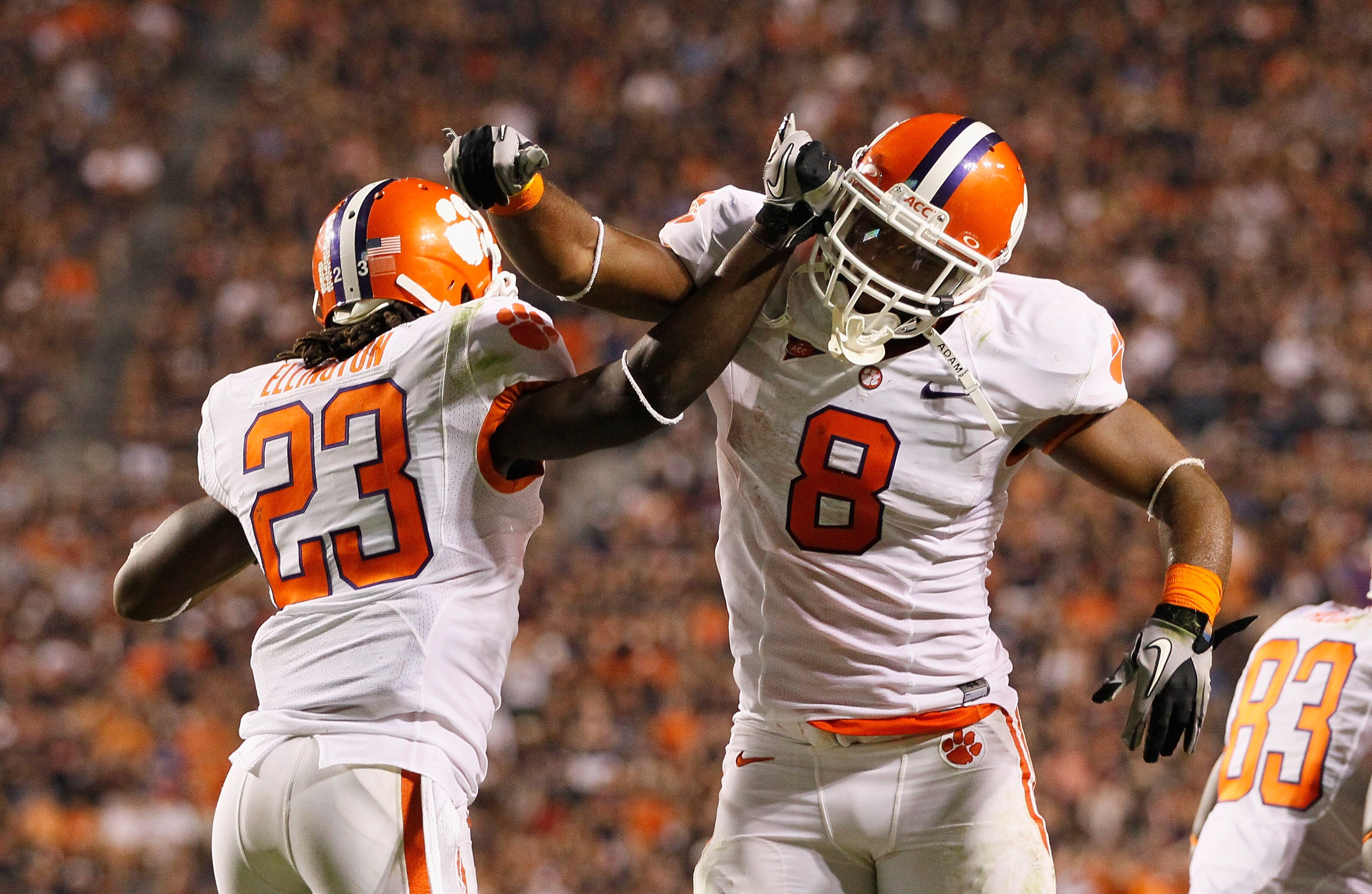 AUBURN, AL - SEPTEMBER 18:  Andre Ellington #23 and Jamie Harper #8 of the Clemson Tigers against the Auburn Tigers at Jordan-Hare Stadium on September 18, 2010 in Auburn, Alabama.  (Photo by Kevin C. Cox/Getty Images)