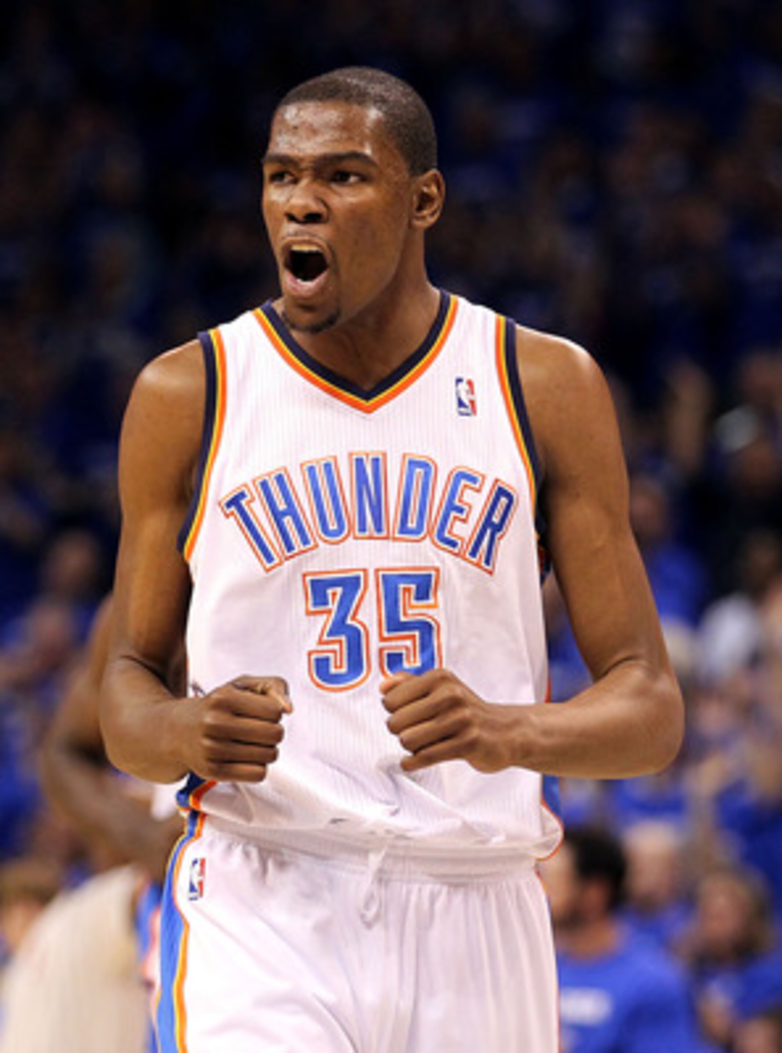 OKLAHOMA CITY, OK - MAY 03:  Forward Kevin Durant #35 of the Oklahoma City Thunder reacts against the Memphis Grizzlies in Game Two of the Western Conference Semifinals in the 2011 NBA Playoffs on May 3, 2011 at Oklahoma City Arena in Oklahoma City, Oklah