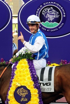 ARCADIA, CA - NOVEMBER 07:  Jockey Olivier Peslier celebrates winning the TVG Breeders' Cup Mile race with Goldikova during the Breeders' Cup World Championships at Santa Anita Park November 7, 2009 in Arcadia, California.  (Photo by Jacob de Golish/Getty