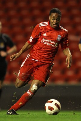 LIVERPOOL, ENGLAND - FEBRUARY 14:  Raheem Sterling of Liverpool in action during the FA Youth Cup match between Liverpool and Southend United at Anfield on February 14, 2011 in Liverpool, England.  (Photo by Clive Brunskill/Getty Images)