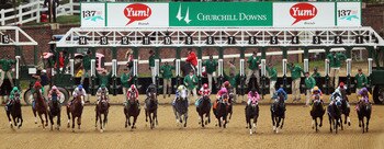 LOUISVILLE, KY - MAY 07:  Horses exit the starting gate during the 137th Kentucky Derby at Churchill Downs on May 7, 2011 in Louisville, Kentucky.  (Photo by Jamie Squire/Getty Images)