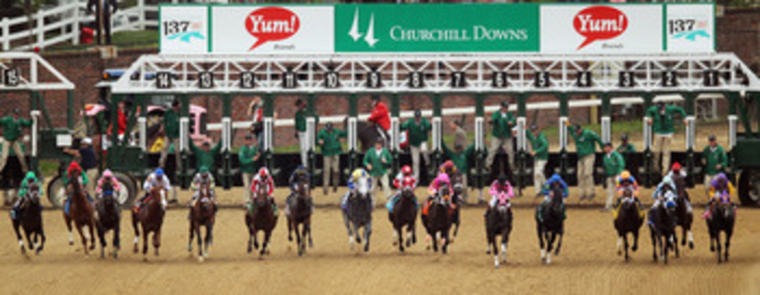 LOUISVILLE, KY - MAY 07:  Horses exit the starting gate during the 137th Kentucky Derby at Churchill Downs on May 7, 2011 in Louisville, Kentucky.  (Photo by Jamie Squire/Getty Images)