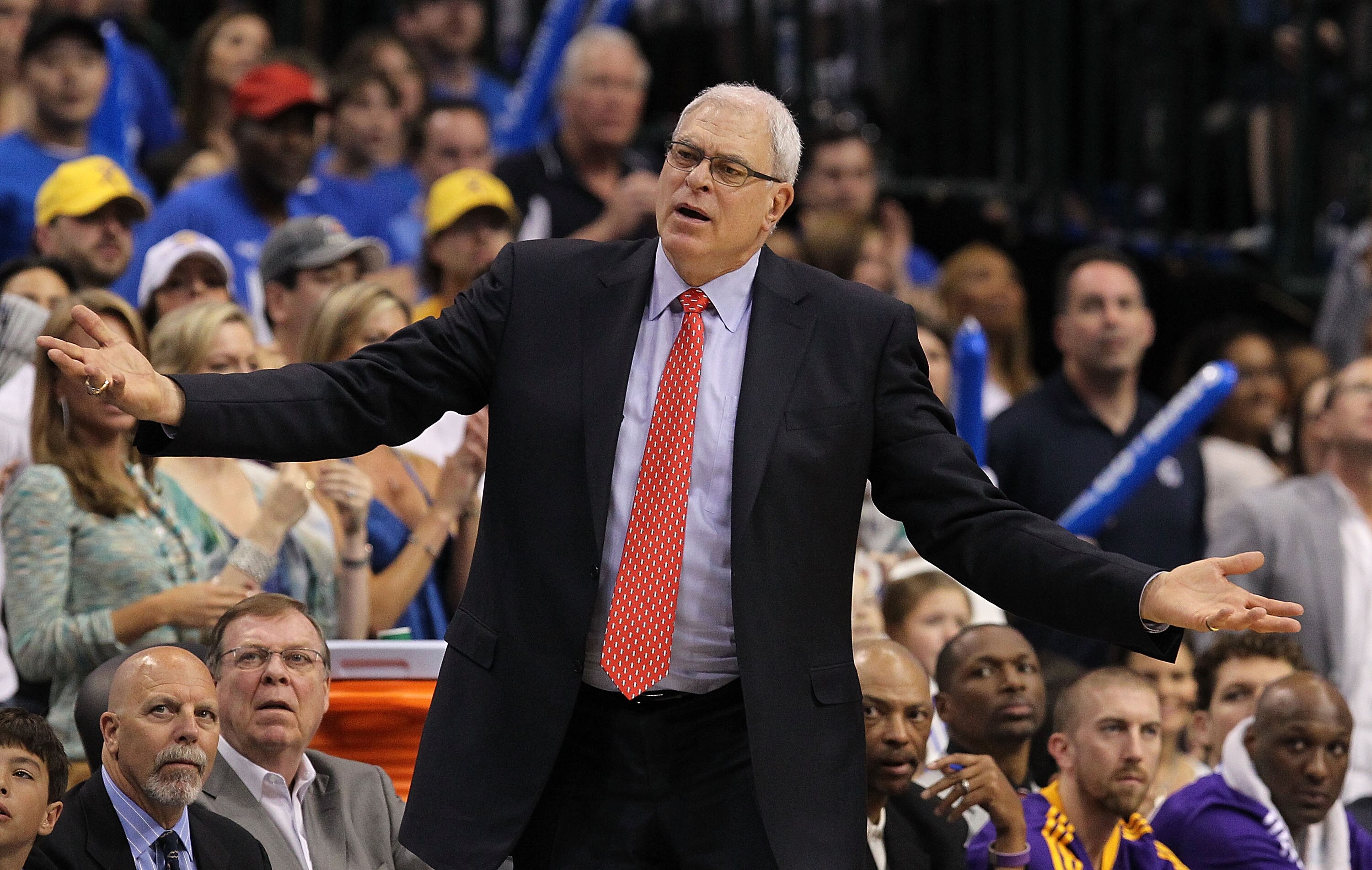 DALLAS, TX - MAY 08:  Head coach Phil Jackson of the Los Angeles Lakers reacts during play against the Dallas Mavericks in Game Four of the Western Conference Semifinals during the 2011 NBA Playoffs on May 8, 2011 at American Airlines Center in Dallas, Te