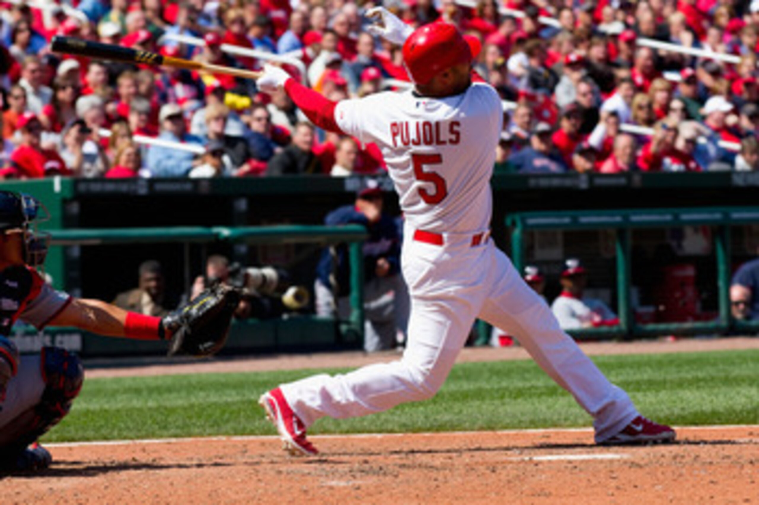 ST. LOUIS, MO - APRIL 21: Albert Pujols #5 of the St. Louis Cardinals hits a two-run home run against the Washington Nationals at Busch Stadium on April 21, 2011 in St. Louis, Missouri. (Photo by Dilip Vishwanat/Getty Images) ST. LOUIS, MO - APRIL 21: Albert Pujols #5 of the St. Louis Cardinals hits a two-run home run against the Washington Nationals at Busch Stadium on April 21, 2011 in St. Louis, Missouri. (Photo by Dilip Vishwanat/Getty Images)
