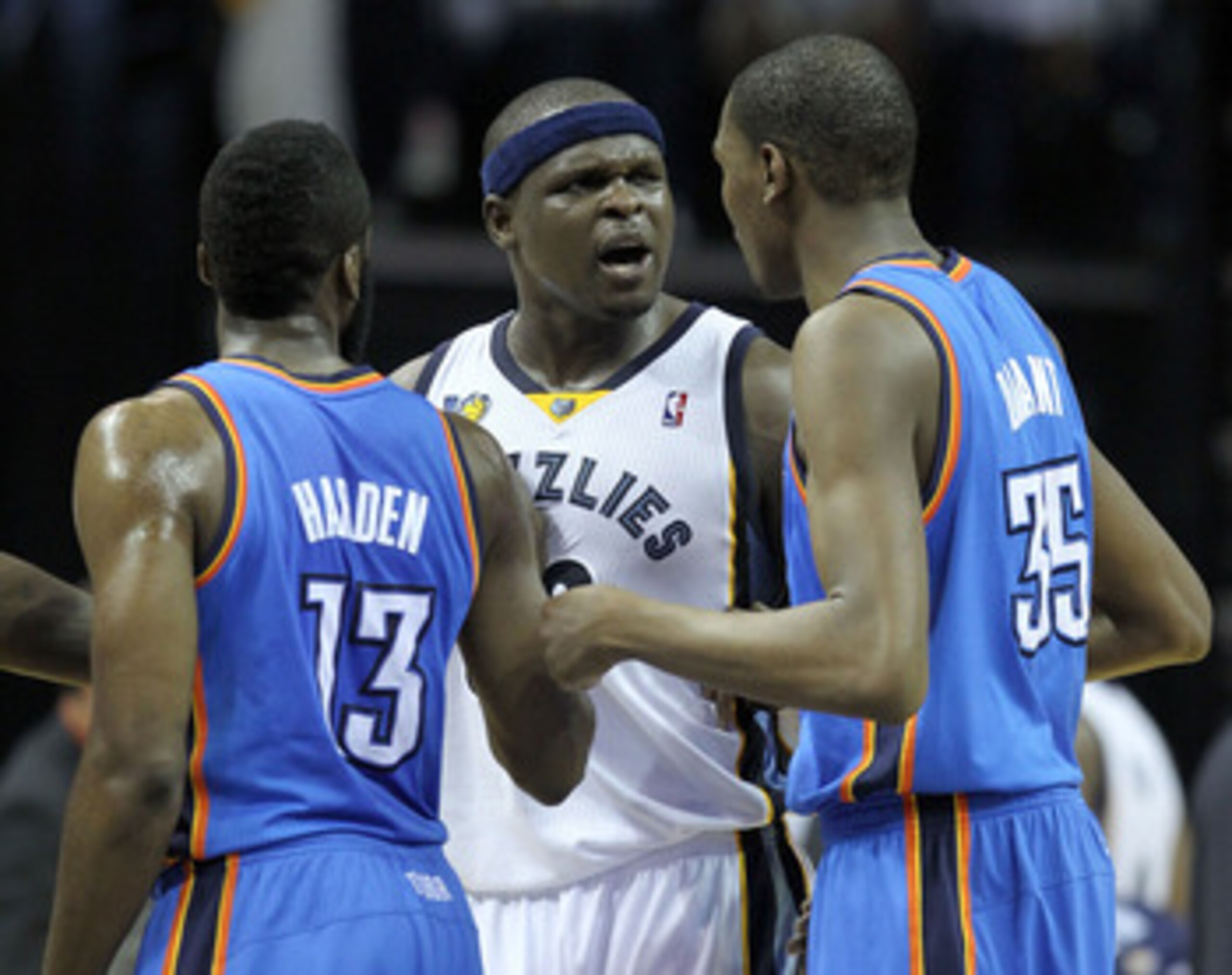 MEMPHIS, TN - MAY 07:  Zach Randolph #50 of the Memphis Grizzlies has a few words with James Harden #13 and Kevin Durant #35 of the Oklahoma City Thunder in Game Three of the Western Conference Semifinals in the 2011 NBA Playoffs at FedExForum on May 7, 2