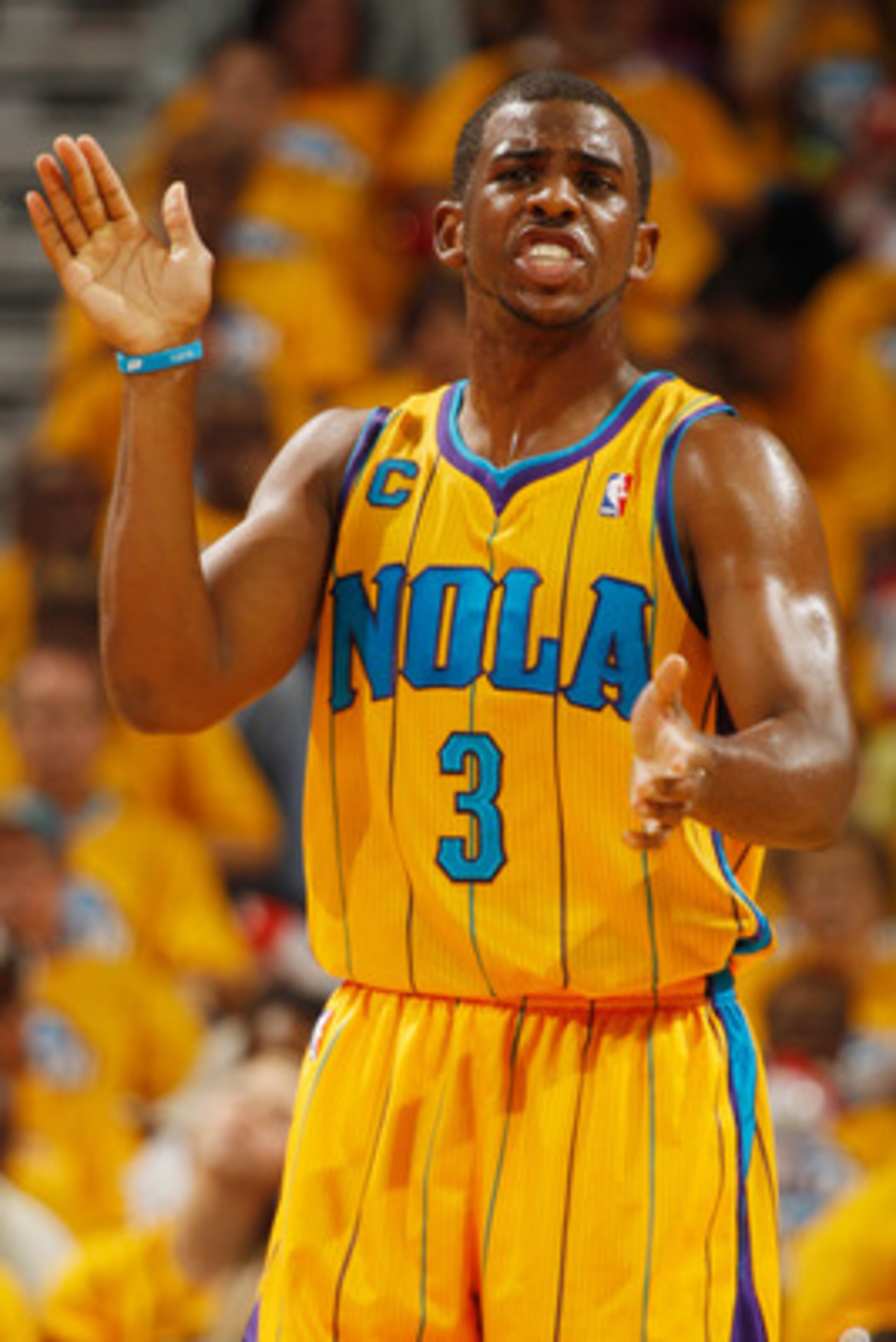 NEW ORLEANS, LA - APRIL 22:  Chris Paul #3 of the New Orleans Hornets reacts during the game against the Los Angeles Lakers in Game Three of the Western Conference Quarterfinals in the 2011 NBA Playoffs at the New Orleans Arena  on April 22, 2011 in New O