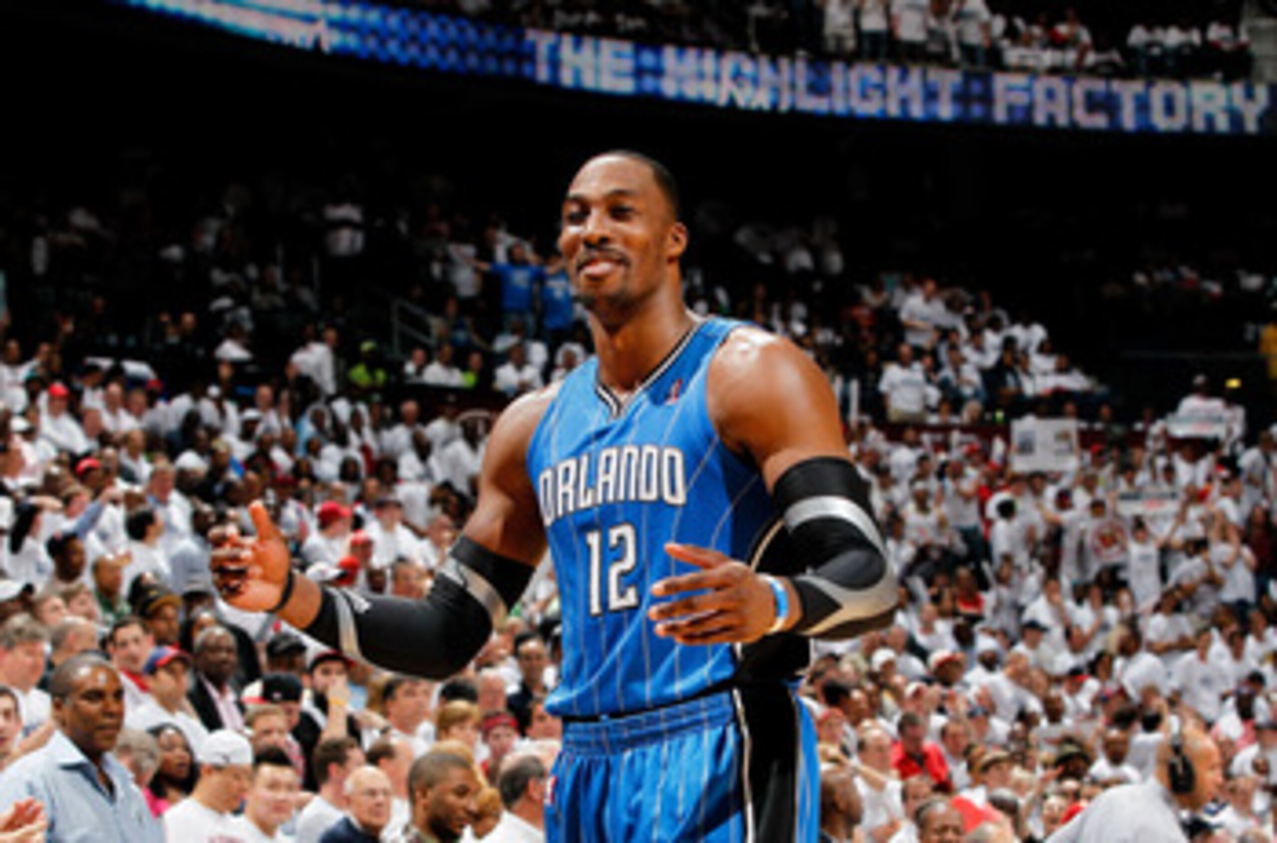 ATLANTA, GA - APRIL 22:  Dwight Howard #12 of the Orlando Magic against the Atlanta Hawks during Game Three of the Eastern Conference Quarterfinals in the 2011 NBA Playoffs at Philips Arena on April 22, 2011 in Atlanta, Georgia.  NOTE TO USER: User expres
