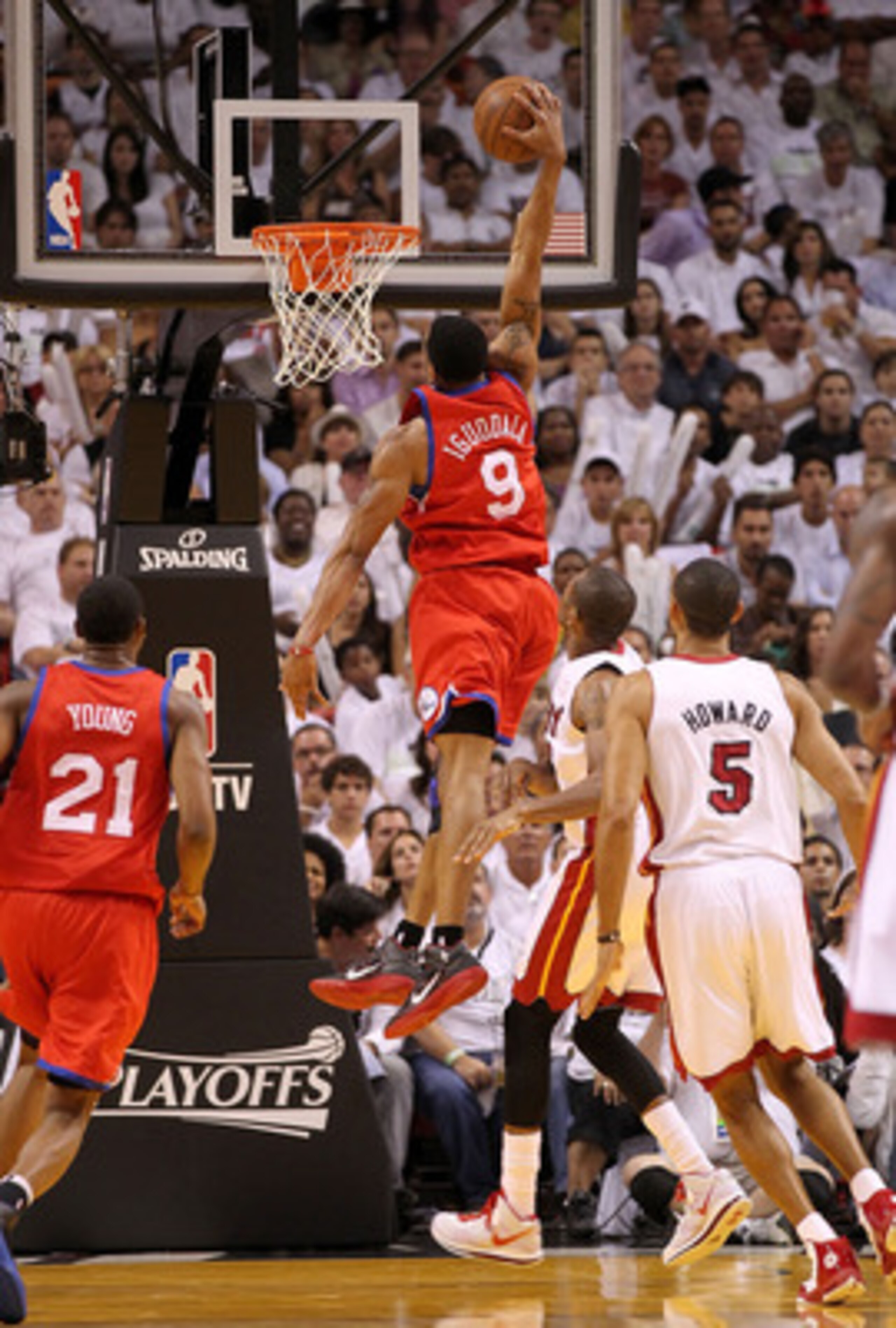 MIAMI, FL - APRIL 27:  Andre Iguodala #9 of the Philadelphia 76ers dunks during game five of the Eastern Conference Quarterfinals in the 2011 NBA Playoffs against the Miami Heat at American Airlines Arena on April 27, 2011 in Miami, Florida. NOTE TO USER: