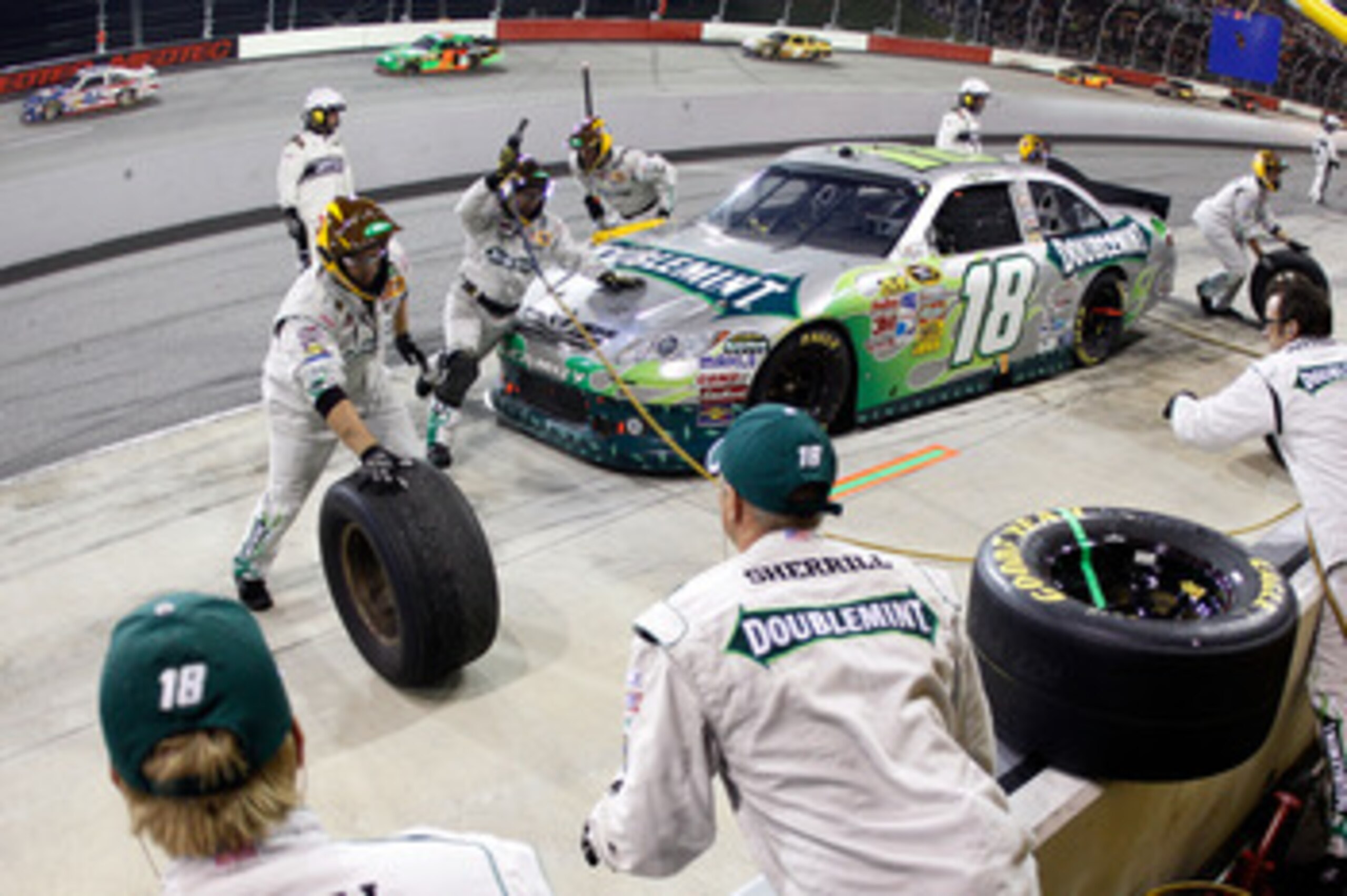 DARLINGTON, SC - MAY 07:  Kyle Busch pits the #18 Wrigley's Doublemint Toyota during the NASCAR Sprint Cup Series SHOWTIME Southern 500 at Darlington Raceway on May 7, 2011 in Darlington, South Carolina.  (Photo by Chris Graythen/Getty Images)
