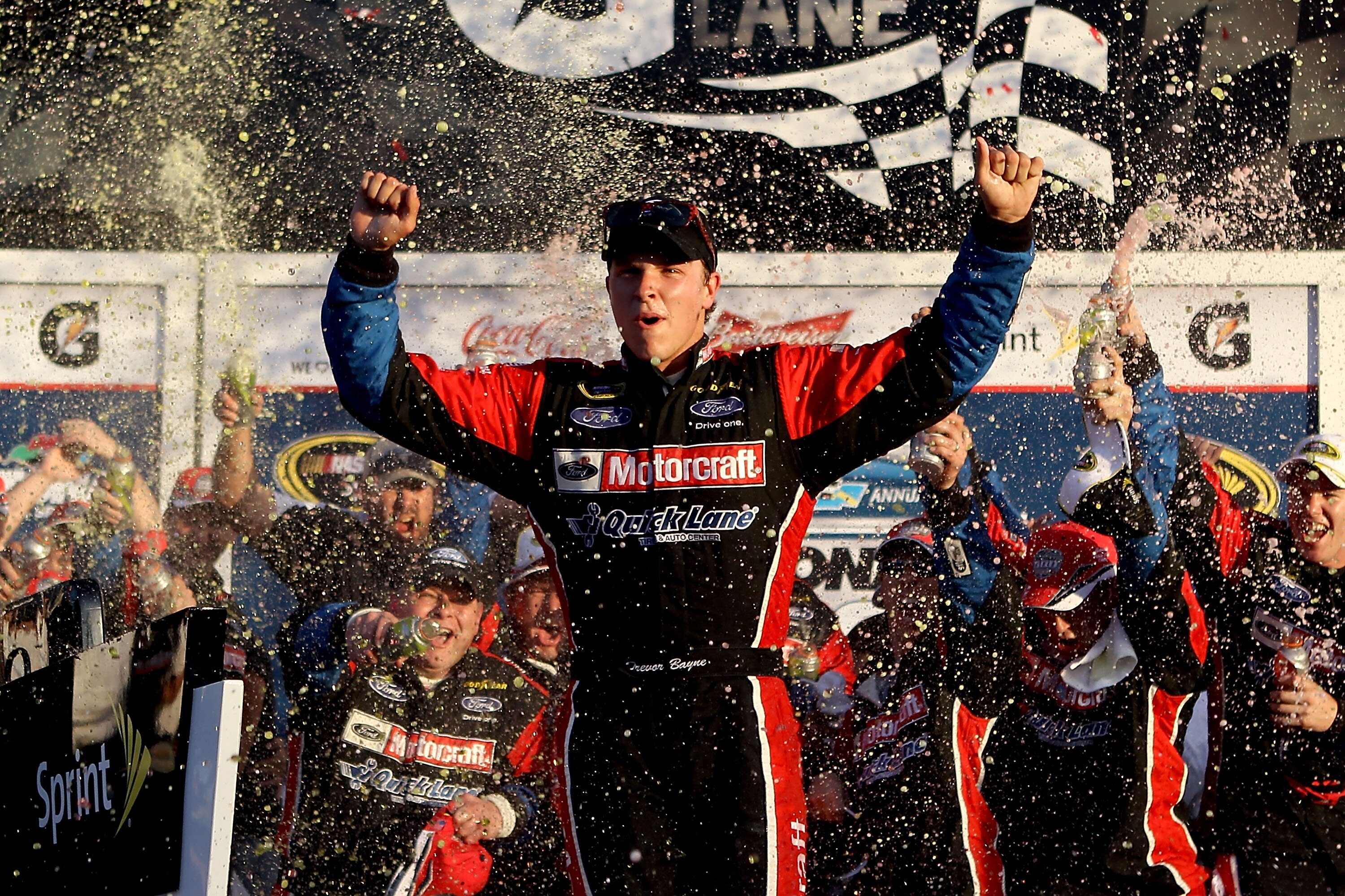 DAYTONA BEACH, FL - FEBRUARY 20:  Trevor Bayne, driver of the #21 Motorcraft/Quick Lane Ford, celebrates in Victory Lane after winning the NASCAR Sprint Cup Series Daytona 500 at Daytona International Speedway on February 20, 2011 in Daytona Beach, Florid