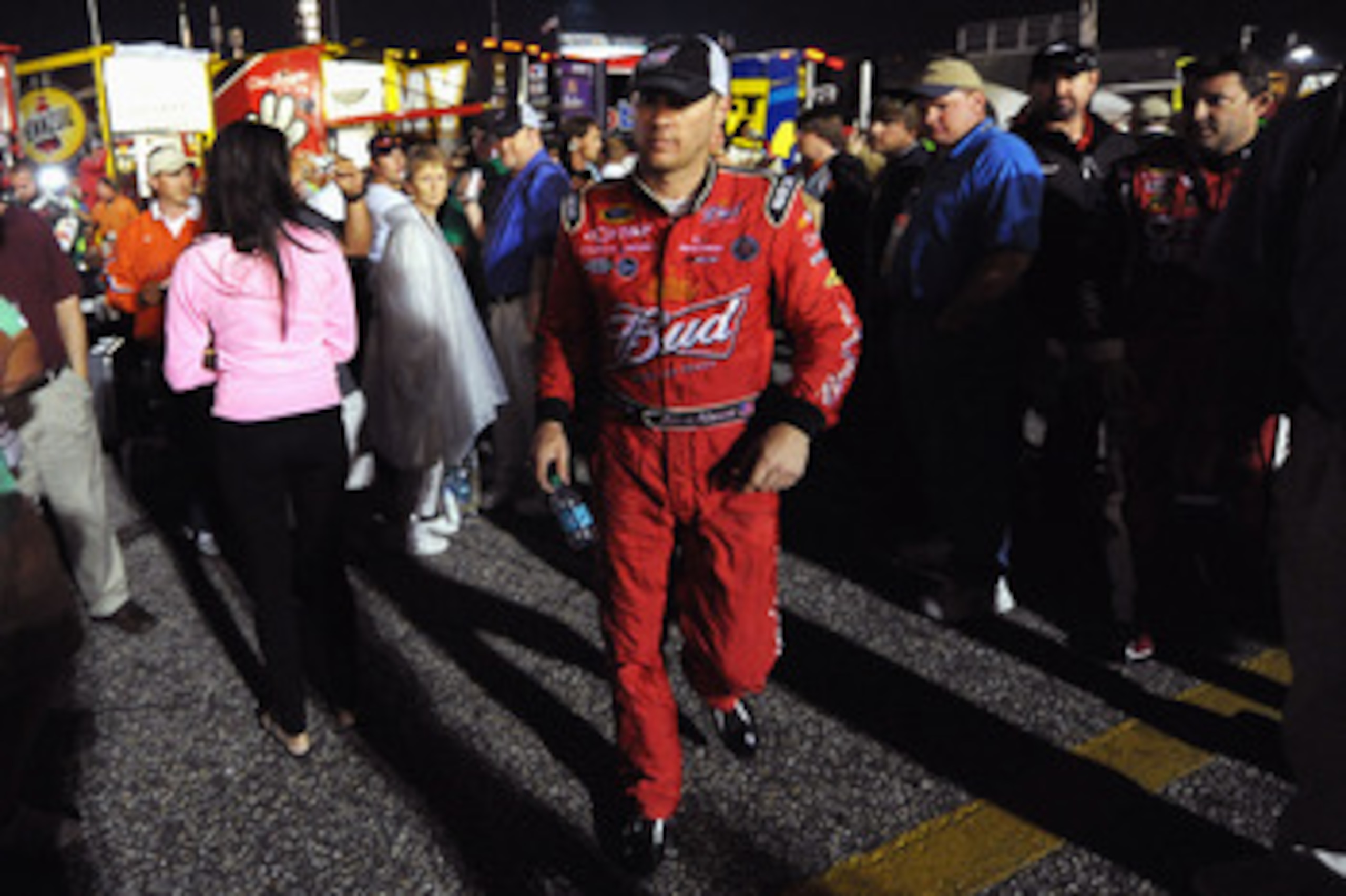 DARLINGTON, SC - MAY 07:  Kevin Harvick, driver of the #29 Budweiser Chevrolet, walks away after having an argument with Kyle Busch, driver of the #18 Wrigley Doublemint Toyota, after the NASCAR Sprint Cup Series SHOWTIME Southern 500 at Darlington Racewa