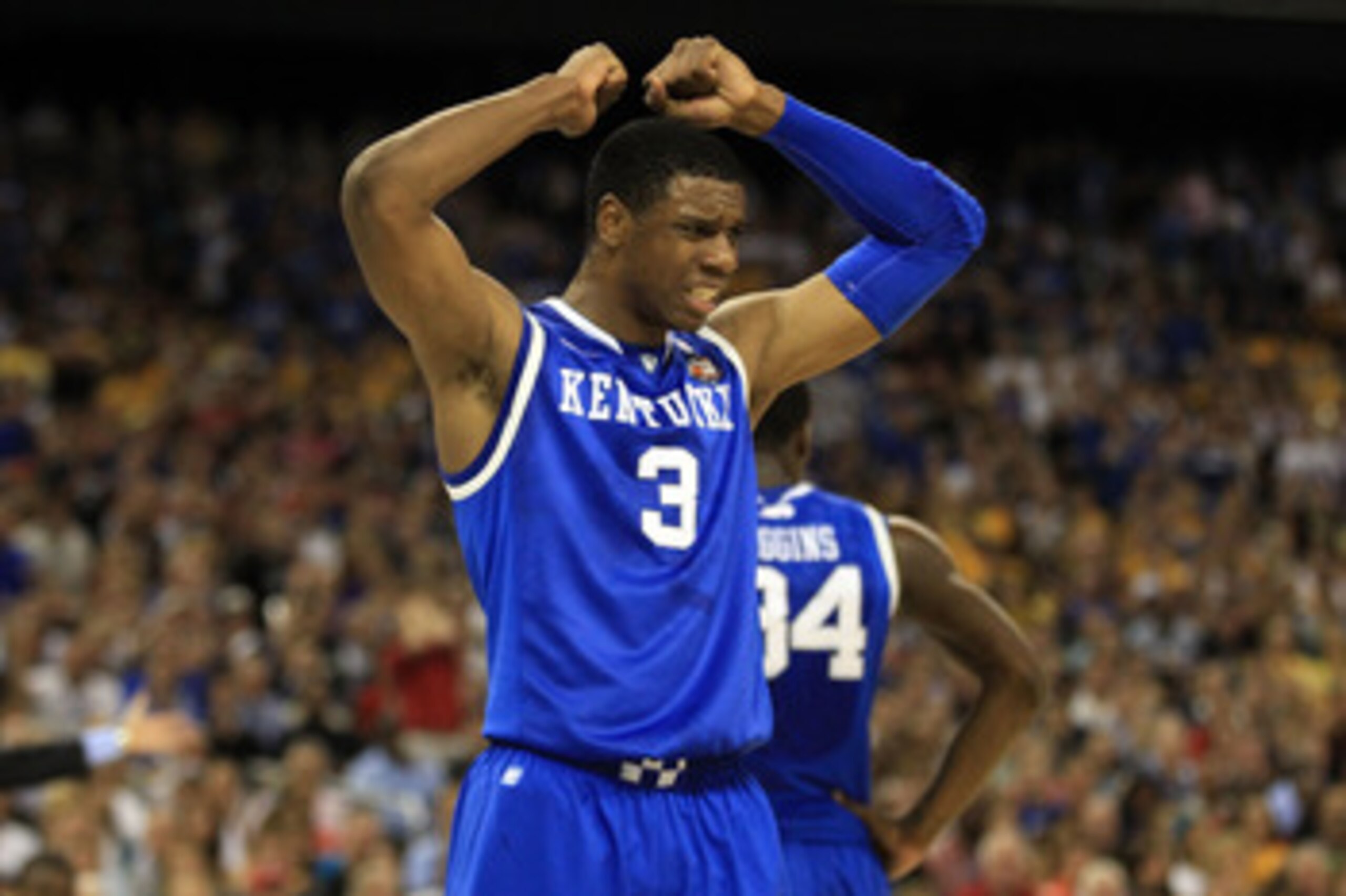 HOUSTON, TX - APRIL 02:  Terrence Jones #3 of the Kentucky Wildcats reacts after a play against the Connecticut Huskies during the National Semifinal game of the 2011 NCAA Division I Men's Basketball Championship at Reliant Stadium on April 2, 2011 in Hou