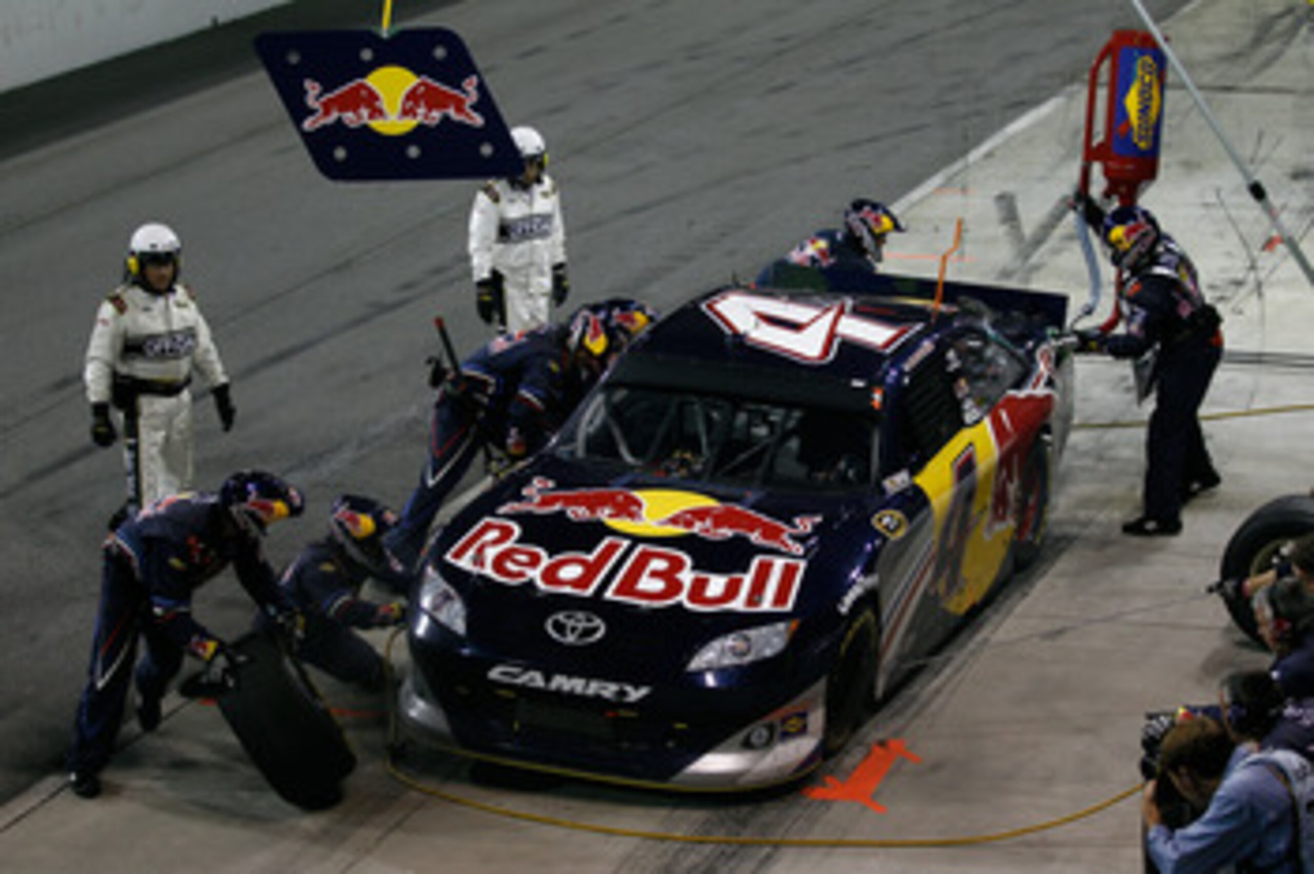 DARLINGTON, SC - MAY 07:  Kasey Kahne pits the #4 Red Bull Toyota during the NASCAR Sprint Cup Series SHOWTIME Southern 500 at Darlington Raceway on May 7, 2011 in Darlington, South Carolina.  (Photo by Chris Graythen/Getty Images)