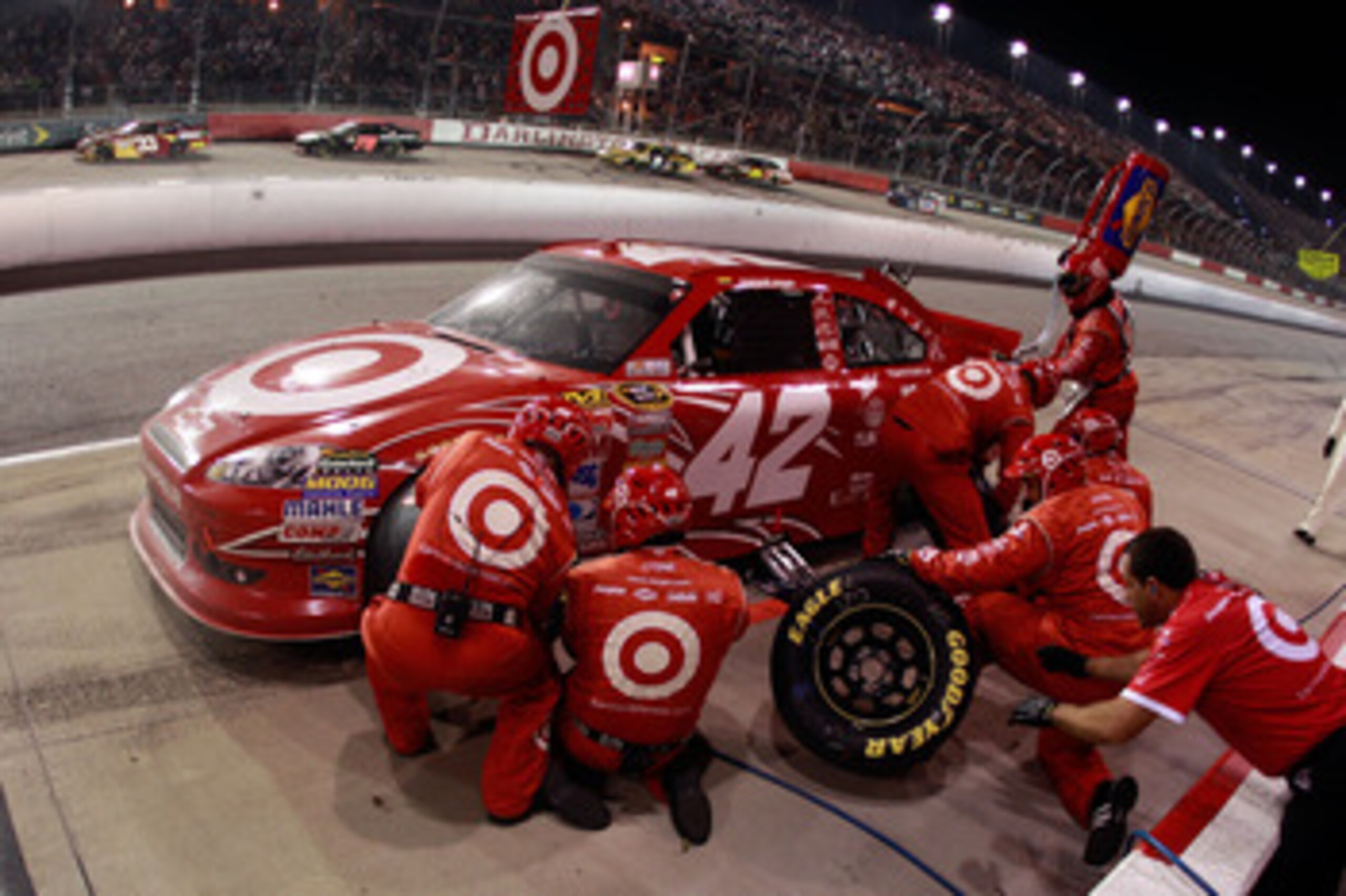 DARLINGTON, SC - MAY 07:  Juan Pablo Montoya pits the #42 Target Chevrolet during the NASCAR Sprint Cup Series SHOWTIME Southern 500 at Darlington Raceway on May 7, 2011 in Darlington, South Carolina.  (Photo by Chris Graythen/Getty Images)