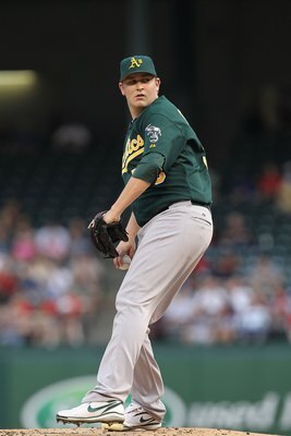 ARLINGTON, TX - MAY 11:  Pitcher Trevor Cahill #53 of the Oakland Athletics throws against the Texas Rangers on May 11, 2010 at Rangers Ballpark in Arlington, Texas.  (Photo by Ronald Martinez/Getty Images)