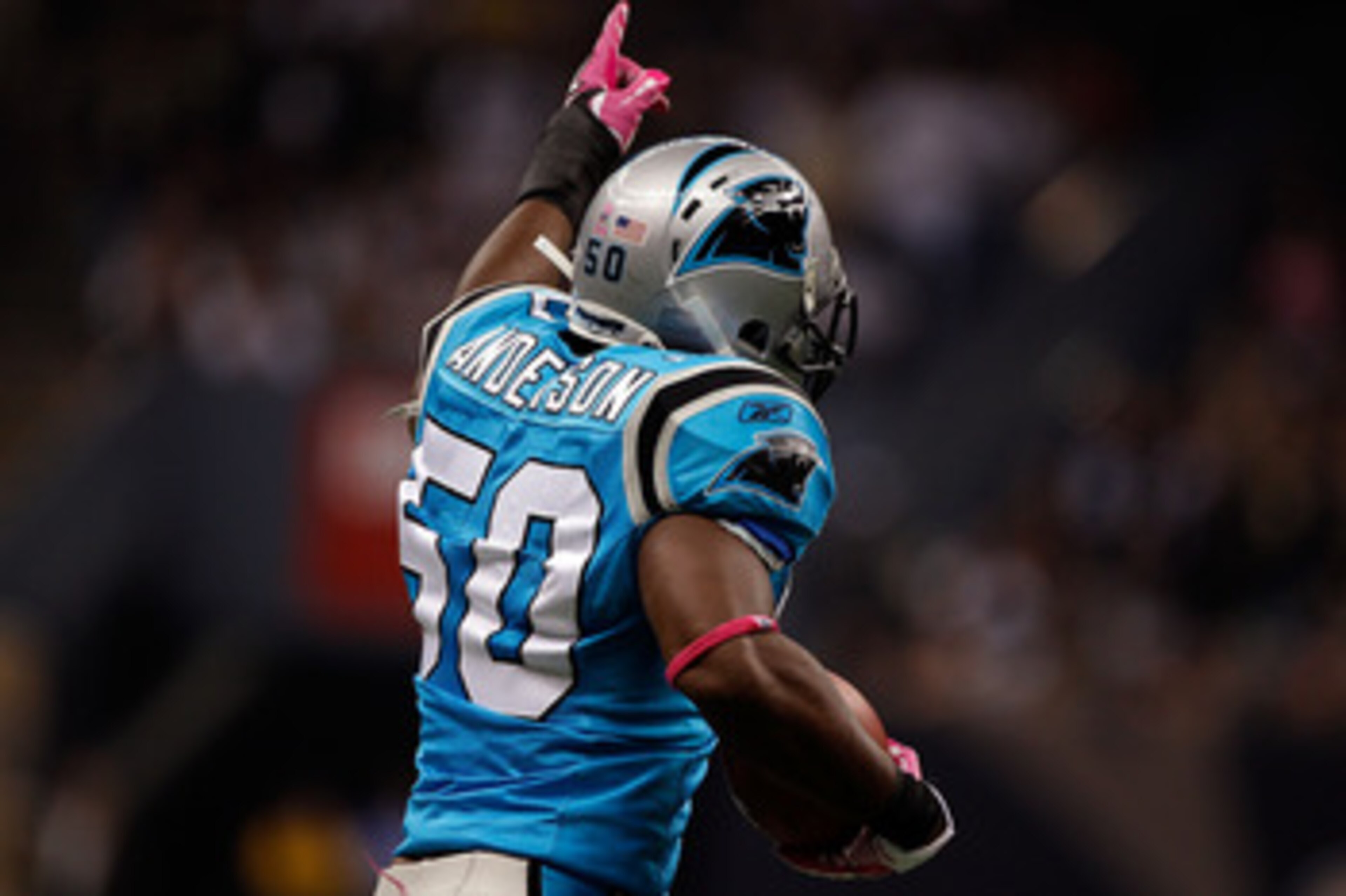 NEW ORLEANS - OCTOBER 03:  James Anderson #50  of the Carolina Panthers in action during the game against the New Orleans Saints at the Louisiana Superdome on October 3, 2010 in New Orleans, Louisiana.  (Photo by Chris Graythen/Getty Images)