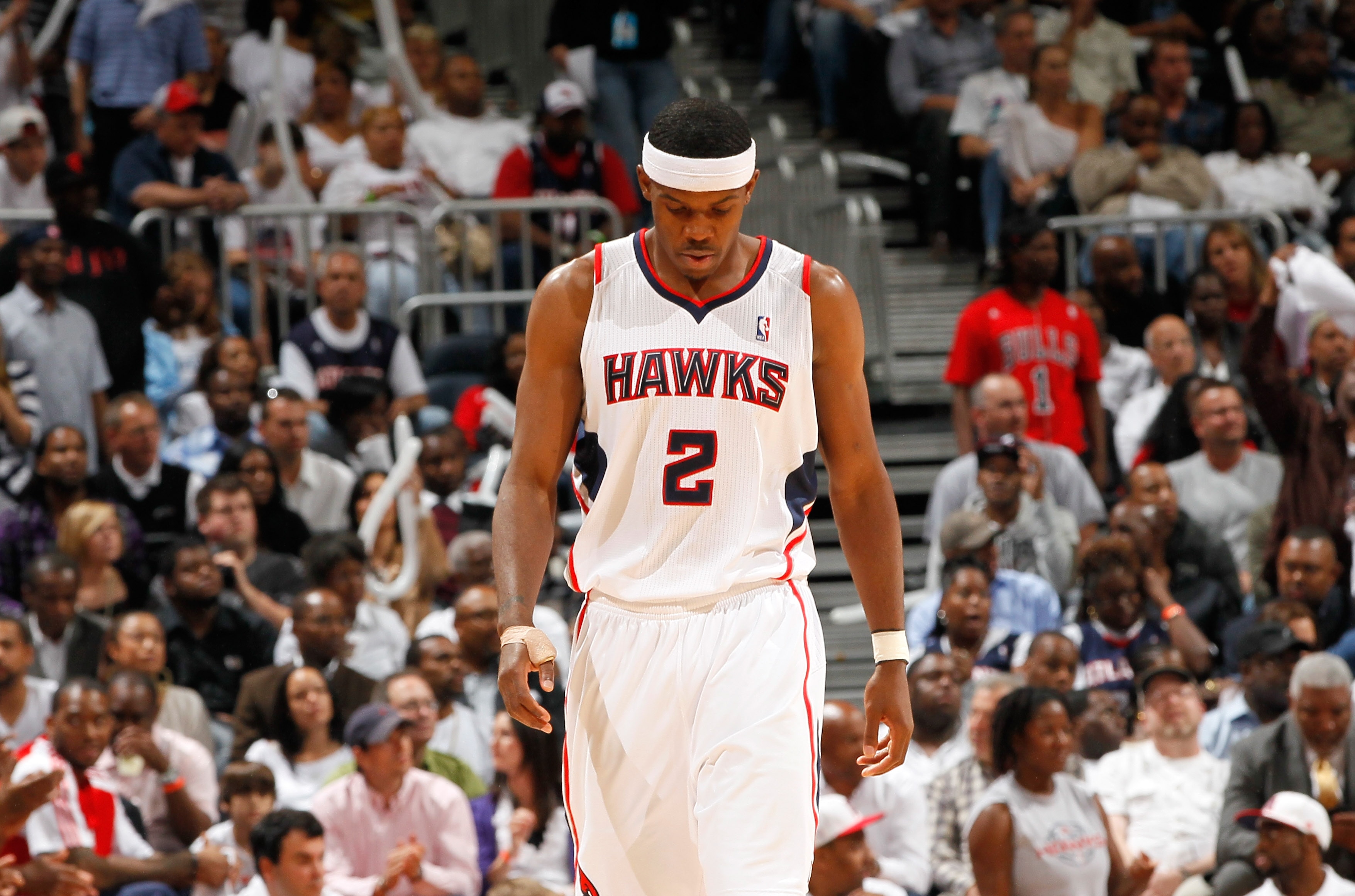 ATLANTA, GA - MAY 06:  Joe Johnson #2 of the Atlanta Hawks walks down the court after turning the ball over to the Chicago Bulls in Game Three of the Eastern Conference Semifinals in the 2011 NBA Playoffs at Phillips Arena on May 6, 2011 in Atlanta, Georg