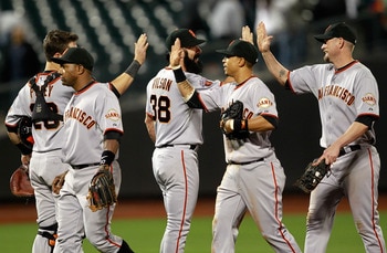 NEW YORK, NY - MAY 03:  Brian Wilson #38 of the San Francisco Giants celebrates with his teammates after making the last out of the game against the New York Mets at Citi Field on May 3, 2011 in the Flushing neighborhood of the Queens borough of New York