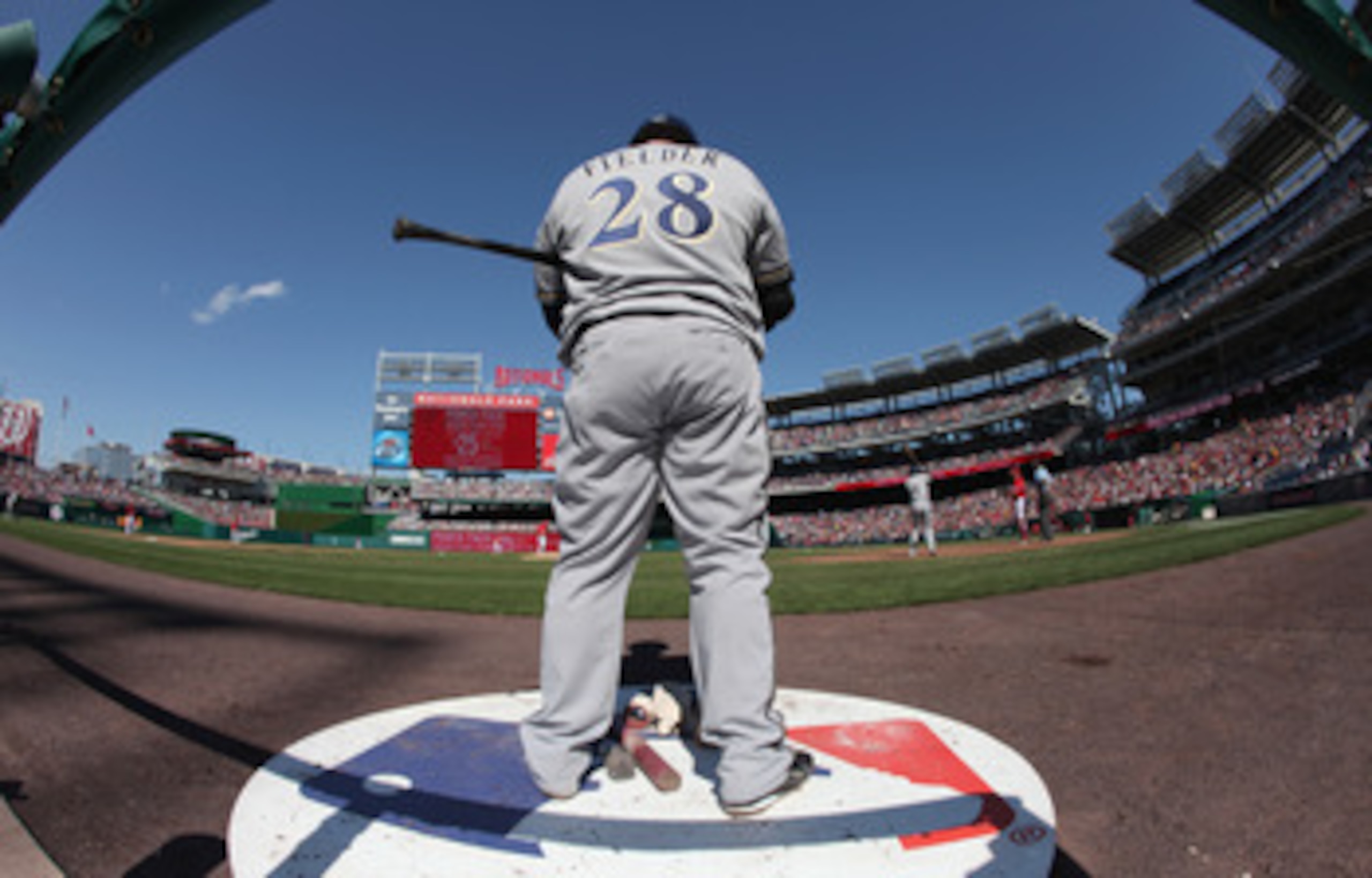WASHINGTON, DC - APRIL 17:  Prince Fielder #28 of the Milwaukee Brewers in the on deck circle against the Washington Nationals during the second game of a doubleheader at Nationals Park on April 17, 2011 in Washington, DC.  (Photo by Rob Carr/Getty Images