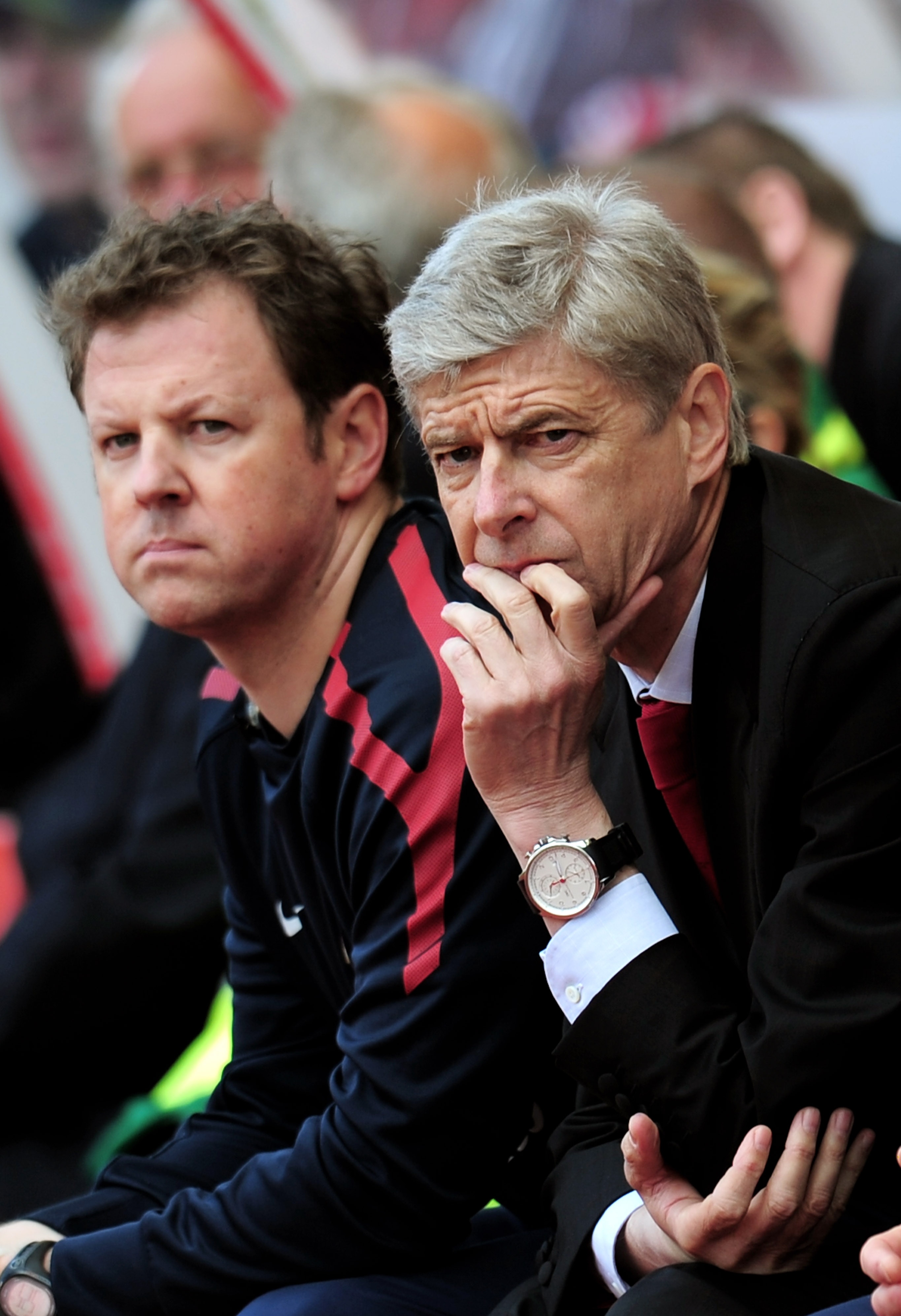 STOKE ON TRENT, ENGLAND - MAY 08:  A dejected Arsene Wenger the Arsenal manager looks on as his team head towards a 3-1 defeat during the Barclays Premier League match between Stoke City and Arsenal at the Britannia Stadium on May 8, 2011 in Stoke on Tren