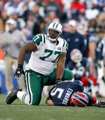 ORCHARD PARK, NY - NOVEMBER 02: Kris Jenkins #77 of the New York Jets gets up after sacking Trent Edwards #5 of the Buffalo Bills  on November 2, 2008 at Ralph Wilson Stadium in Orchard Park, New York. New York won 26-17.  (Photo by Rick Stewart/Getty Ima