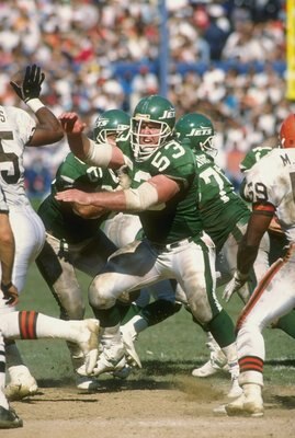 1989:  Offensive tackle Jim Sweeney of the New York Jets in action during a game against the Cleveland Browns at Cleveland Stadium in Cleveland, Ohio.  The Browns won the game 38-24. Mandatory Credit: Rick Stewart  /Allsport